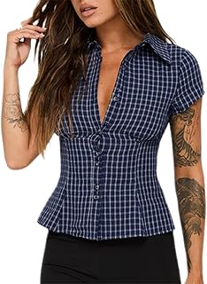 Women Fashion Plaid Button Up Shirt Short-Sleeve Lapel Collar Blouse Shirts Y2K Summer Casual Going Out Tops