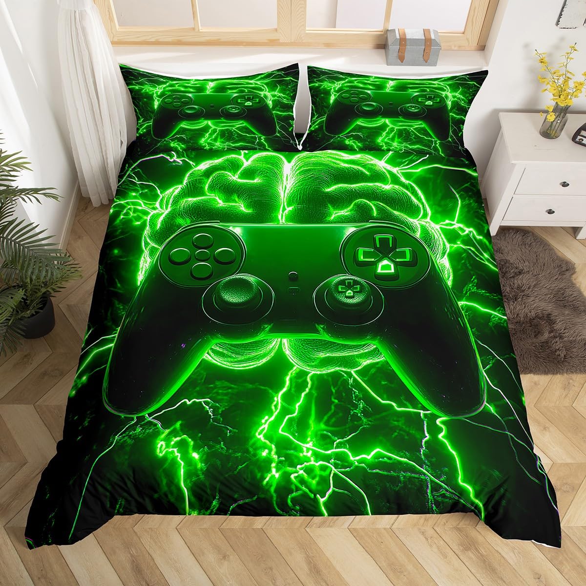 Loussiesd Gaming Bettwäsche Set 135x200cm Gamepad Bettbezug Blitzhirn Jungen Zimmer Dekor Betten Grün Teenager Spielzimmer Dekor Moderne Vr Spieler Bettwäsche-Set Joystick Controller