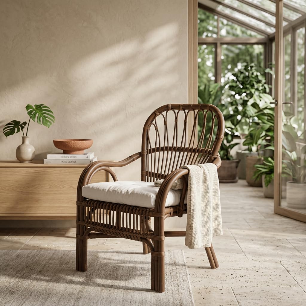 DiKasa Poltrona in Giunco con Cuscino Trapuntato Bianco, Poltrona Rustica Marrone per Interni e Verande Coperte, Seduta Leggera e Resistente, Design Naturale ed Elegante, 57x62x90 cm