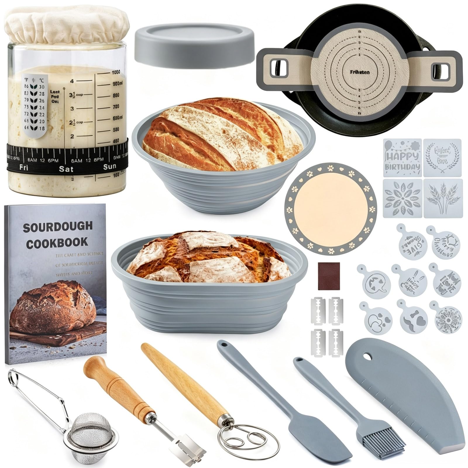 Sauerteig-Starter-Set, Sauerteig-Brot-Backzubehör, 1,2 l Sauerteig-Starterglas, Silikon-Banneton-Brot-Gärkörb-Set mit 22,9 cm runden und 25,4 cm ovalen, handwerklichen Brotbackwerkzeugen,
