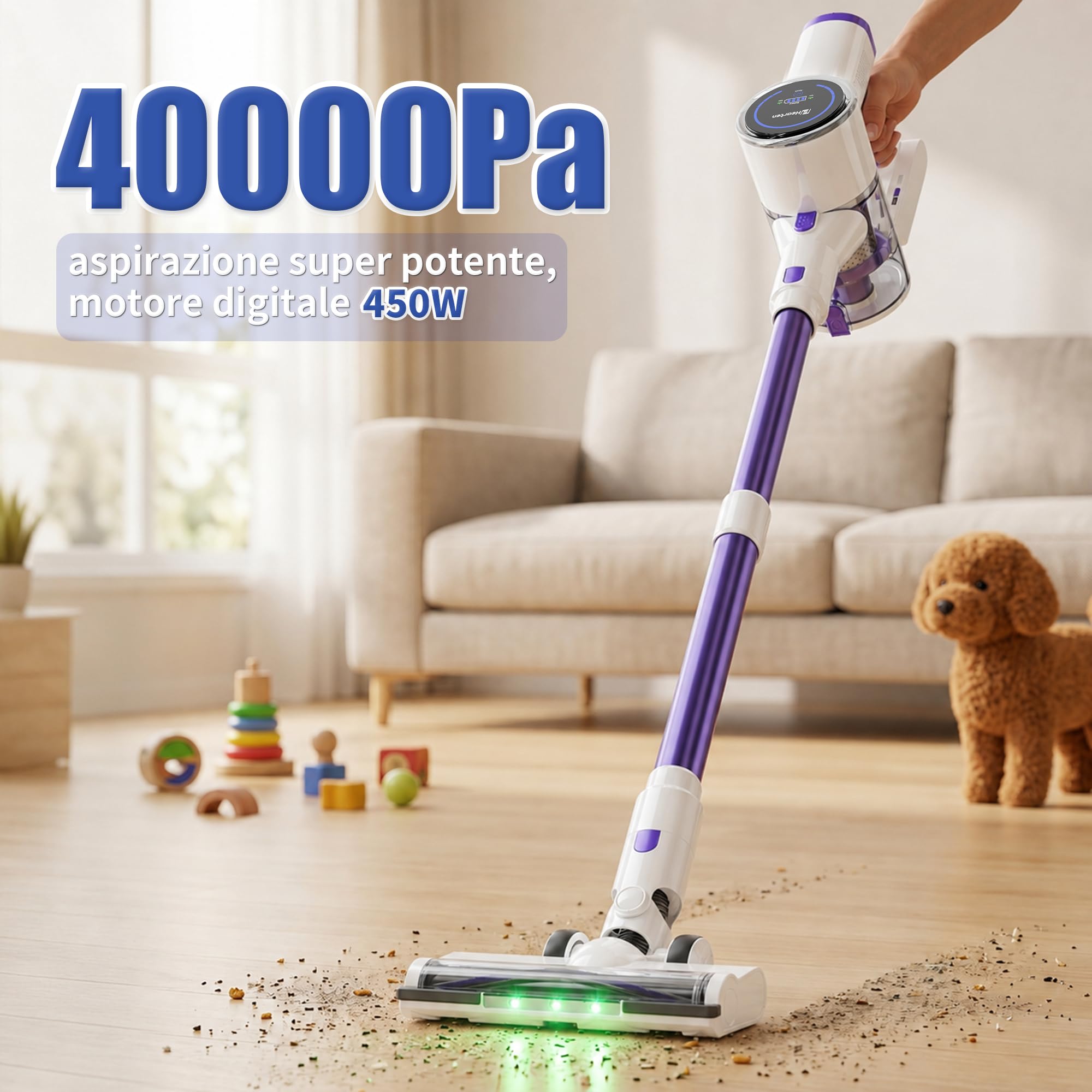 Hearten Aspirapolvere senza Fili con Tubo & Spazzola Triangolare, 40000Pa/450W/40Min, Display LED, Spazzola Antigroviglio Avanzata, Leggera, Autoportante, Silenzioso, per Peli/Pavimenti(Viola-bianco)