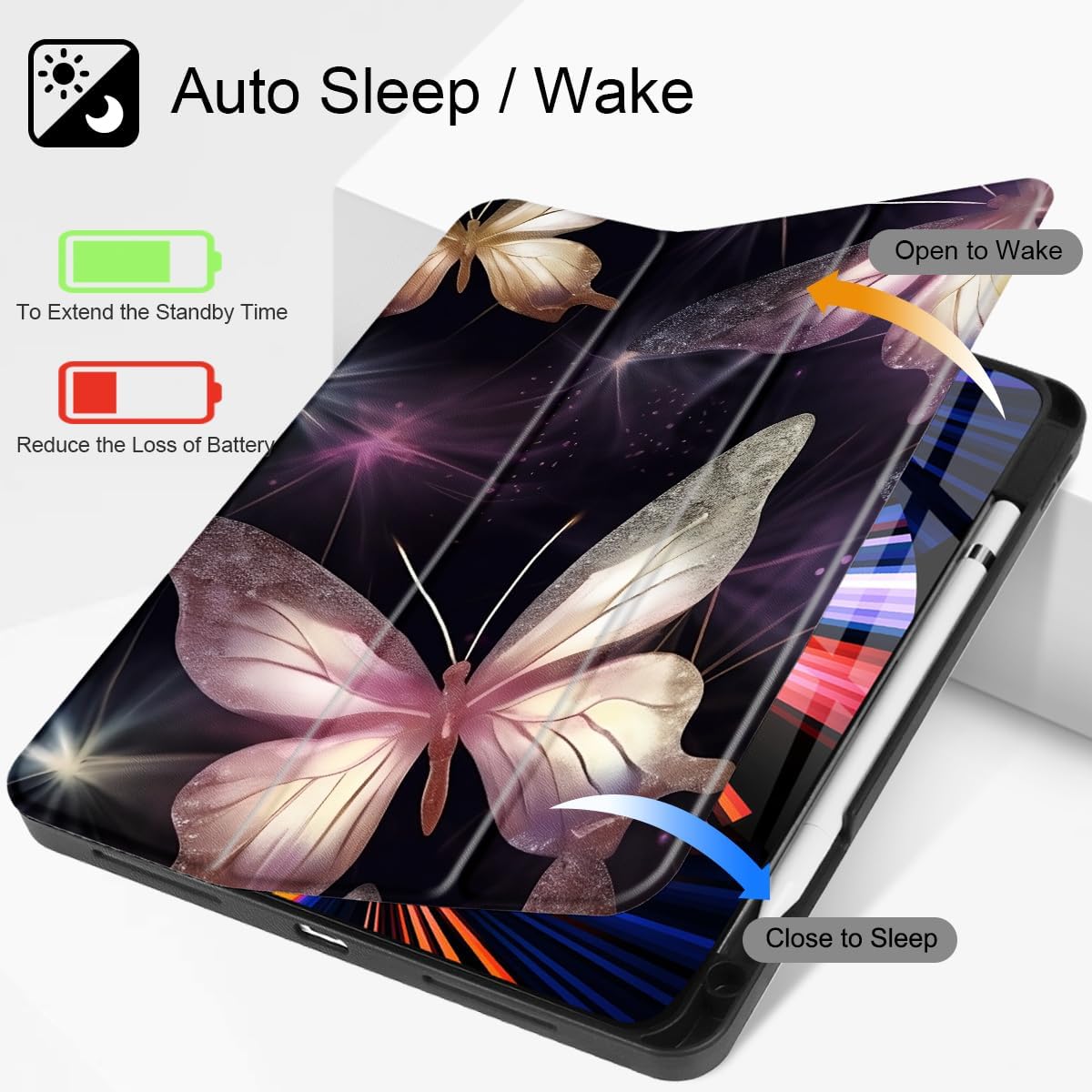 Tuiklol for iPad Pro 13 inch 2025 2024 Release M5/M4 Chip - Built in Pencil Holder Ultra Retina Slim Protective Stand Back Cover with Smart Trifold Stand Auto Wake/Sleep, Butterfly