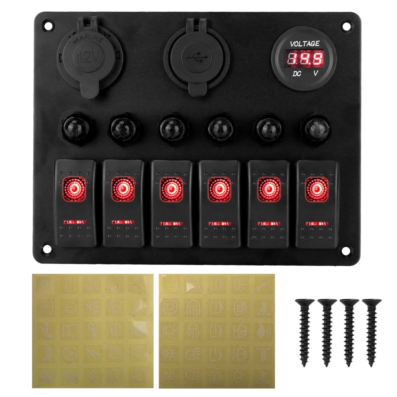 Panel de interruptores for coche de 12 V y 24 V, 6 botones, fusible de 15 A, disyuntor marino, voltímetro, comprobador de luz, cargadores USB 3.0, divisor automático Interruptor Basculante(6 gang red)