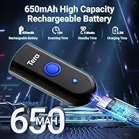 Vista 2 de Tera Mini escáner de código de barras 1D: escáner láser inalámbrico impermeable de bolsillo 3 en 1 compatible con Bluetooth USB con cable portátil