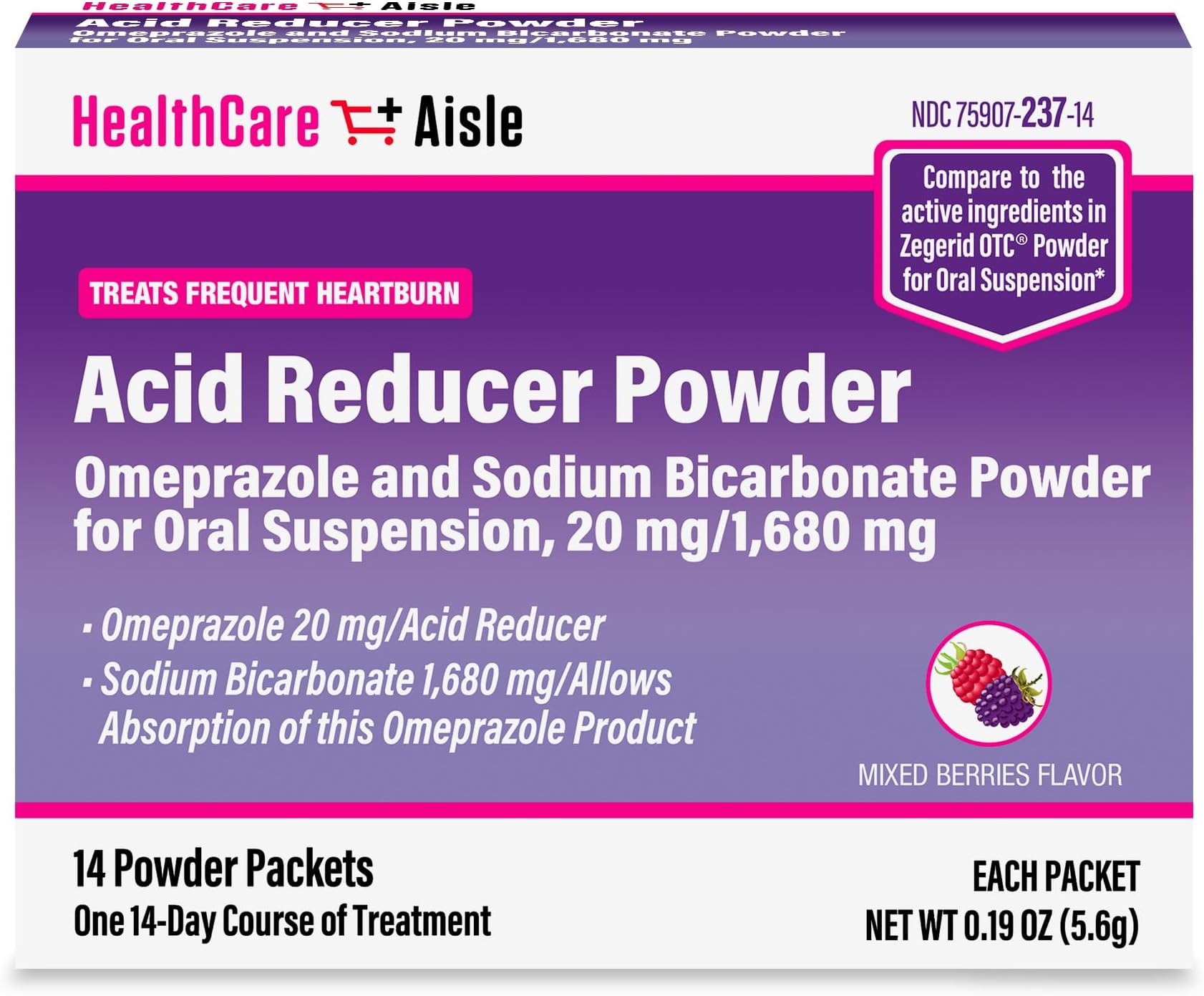 HealthCareAisle Omeprazole and Sodium Bicarbonate Powder for Oral Suspension, 20 mg/1,680 mg - 14 Packets - Acid Reducer - Effective Acid Reflux Medicine, Treats Frequent Heartburn