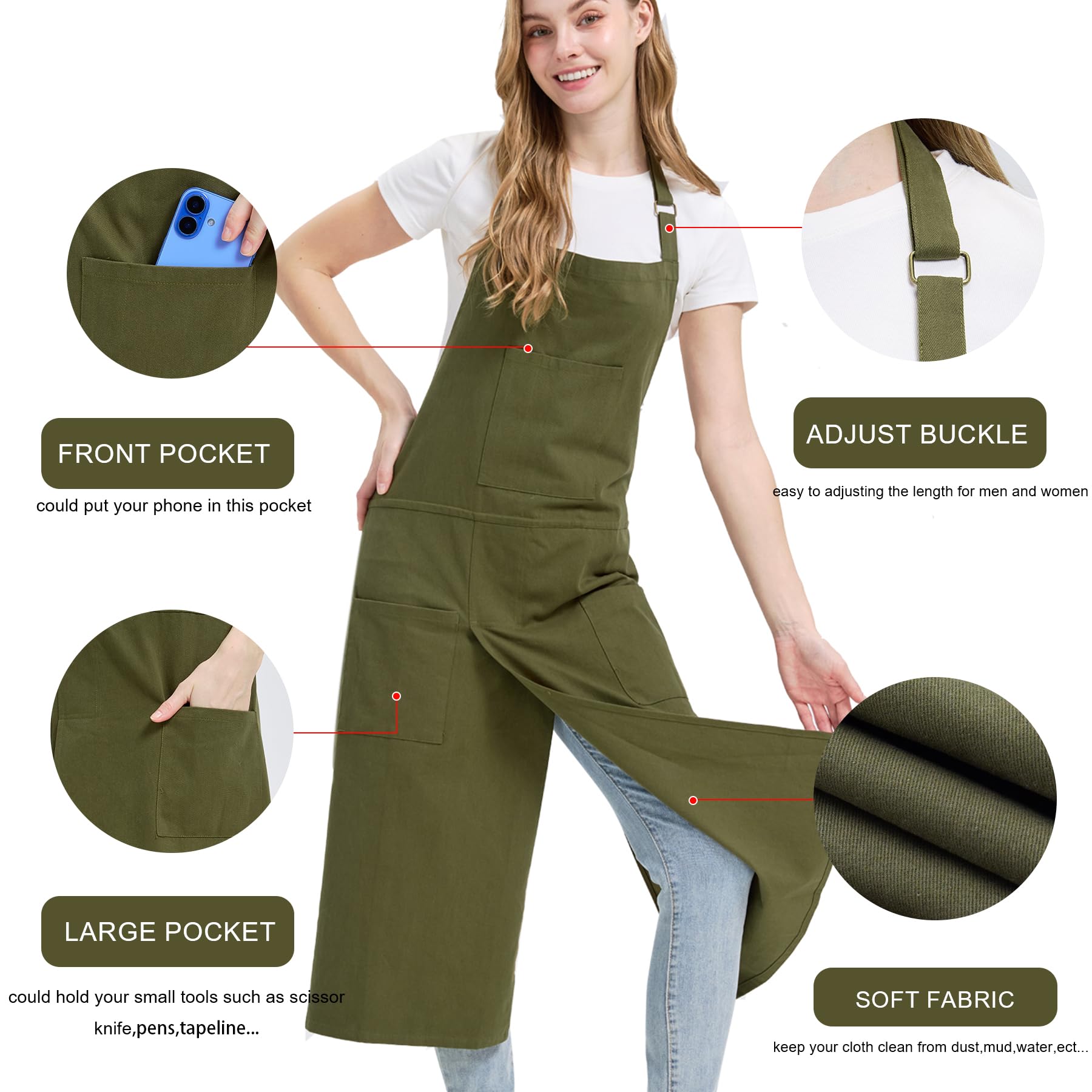 Molaxhome Delantal dividido con bolsillos, delantal de cerámica unisex con correa ajustable para cocina de cerámica