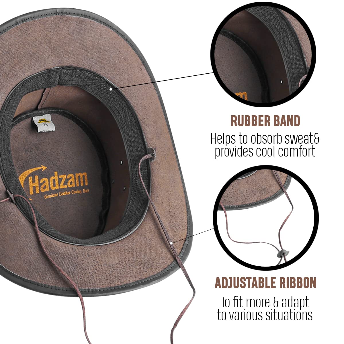 HADZAM Sombrero vaquero de cuero resistente a la lluvia | Sombrero occidental para lluvia | Sombreros de cuero duradero para hombre | Sombrero Outback, Negro, XL