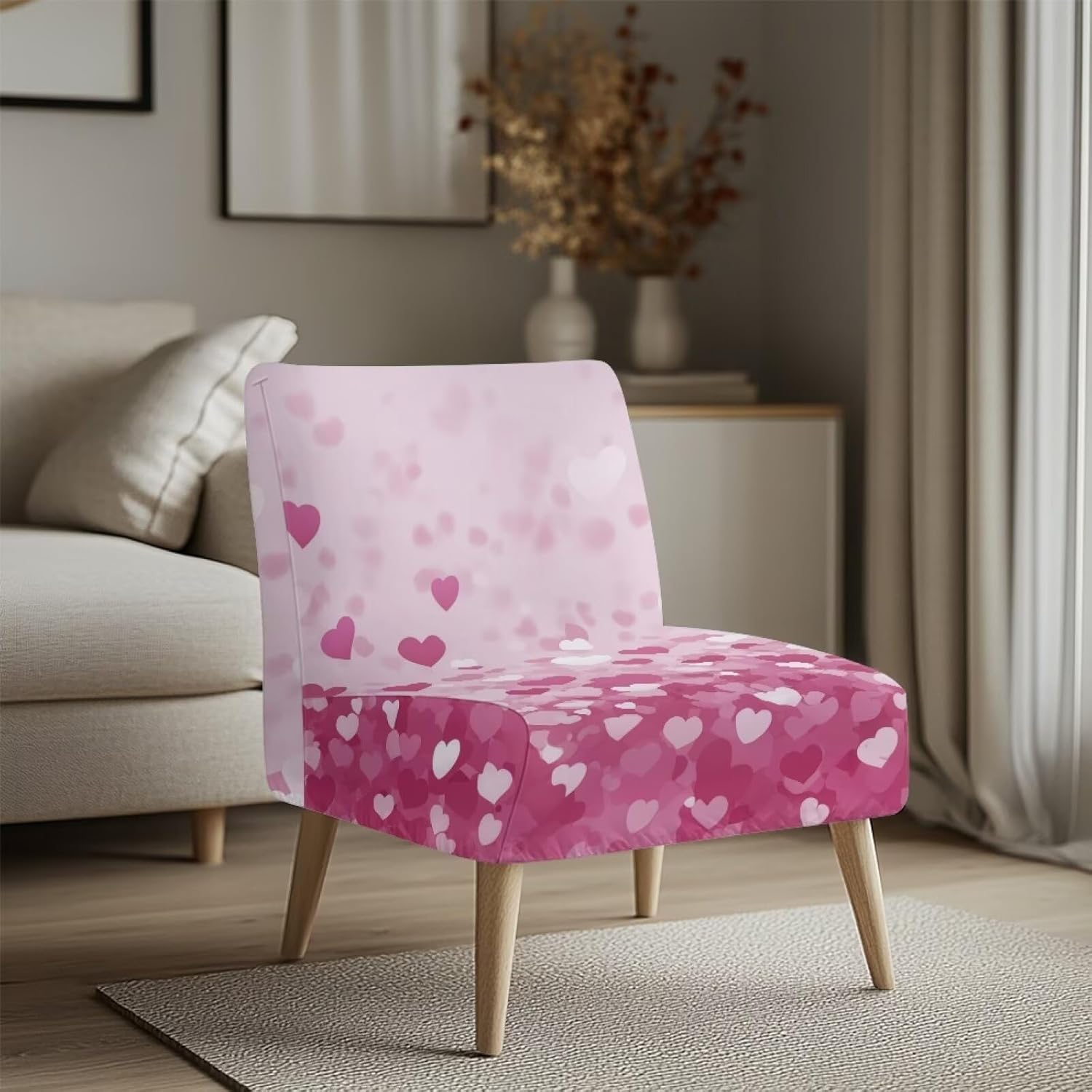 Merkmak Armless Accent Chair Cover with Elastic Band No Arms Single Sofa Chair Cover Valentine's Day Pink Heart Print Couch Seat Slipcover Without Arms for Living Dining Room