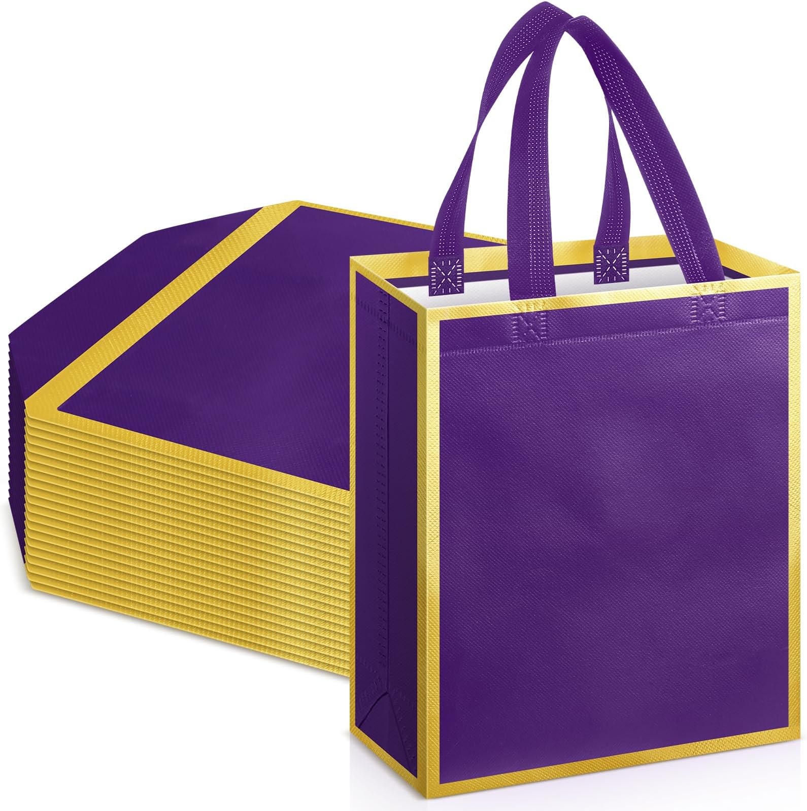 Huhumy 24 Pcs Reusable Gift Bags with Handles 10 x 8 x 4 Thank You Non Woven Tote Bag for Wedding Christmas(Purple Gold)