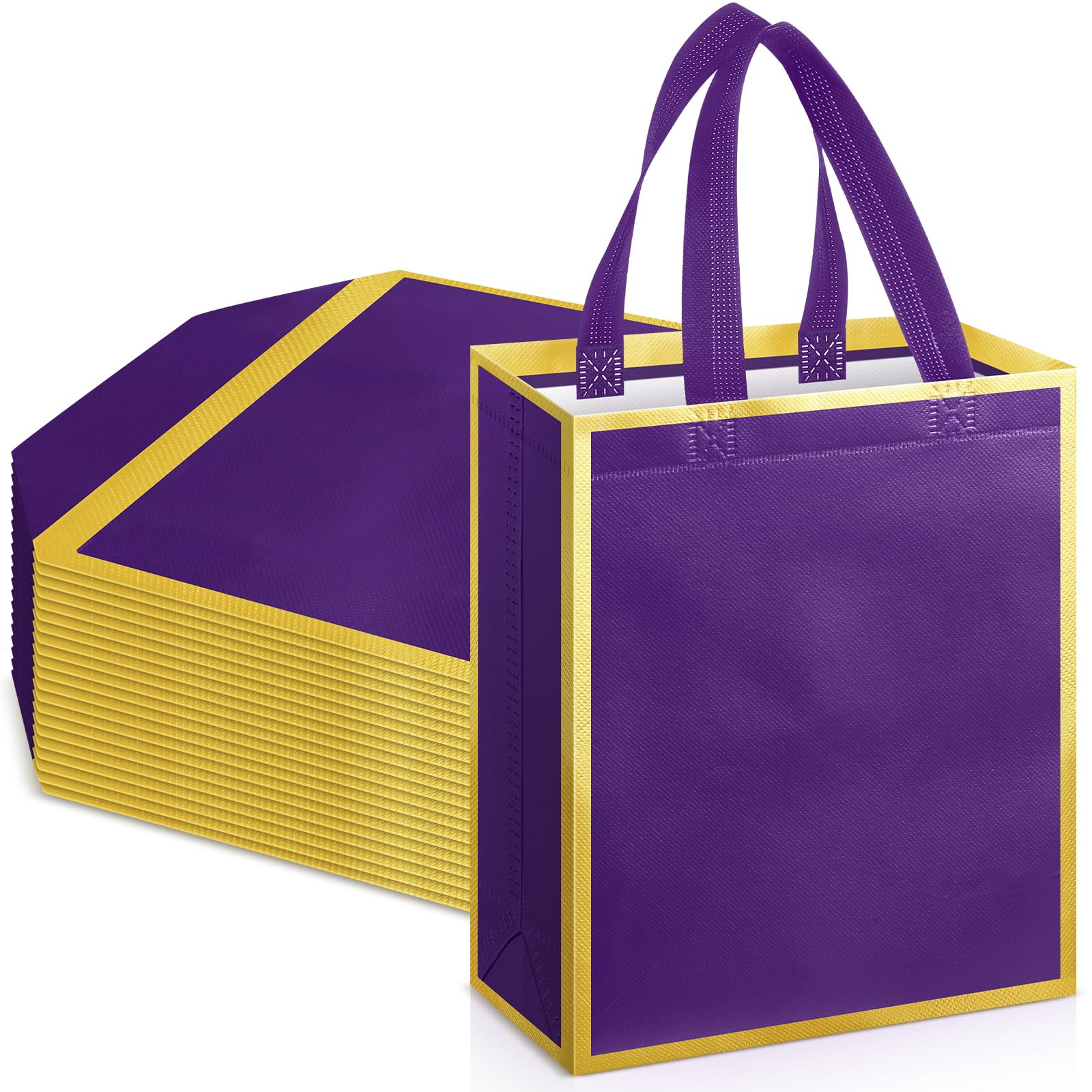 24 Pcs Reusable Gift Bags with Handles 10 x 8 x 4 Thank You Non Woven Tote Bag for Wedding Christmas(Purple Gold)