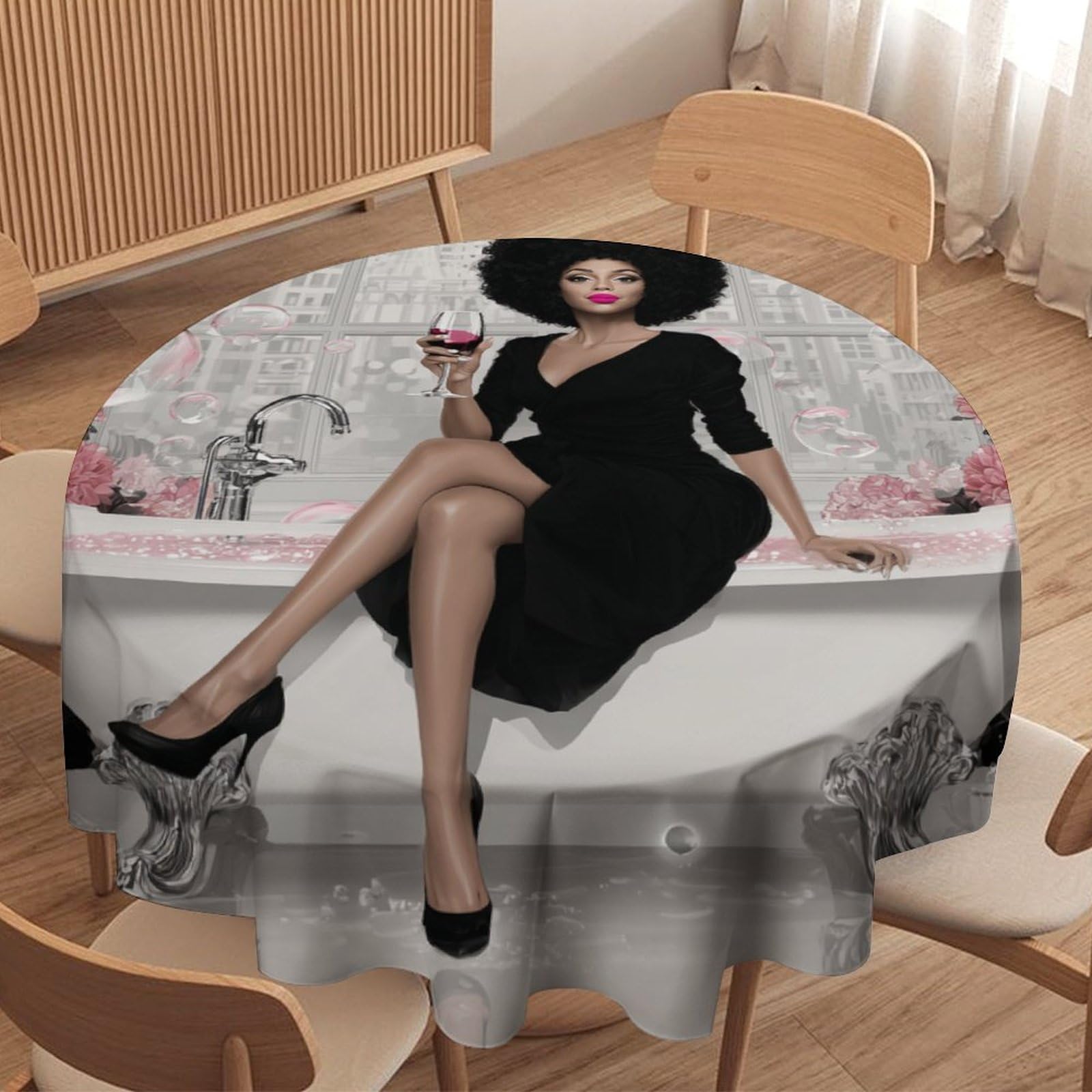 LUYYSKY Modern Beautiful African Women Waterproof Round Tablecloth Classic Fashion Bathroom Art American Black Women Washable Table Cover for Kitchen-127 Wx127 L cm