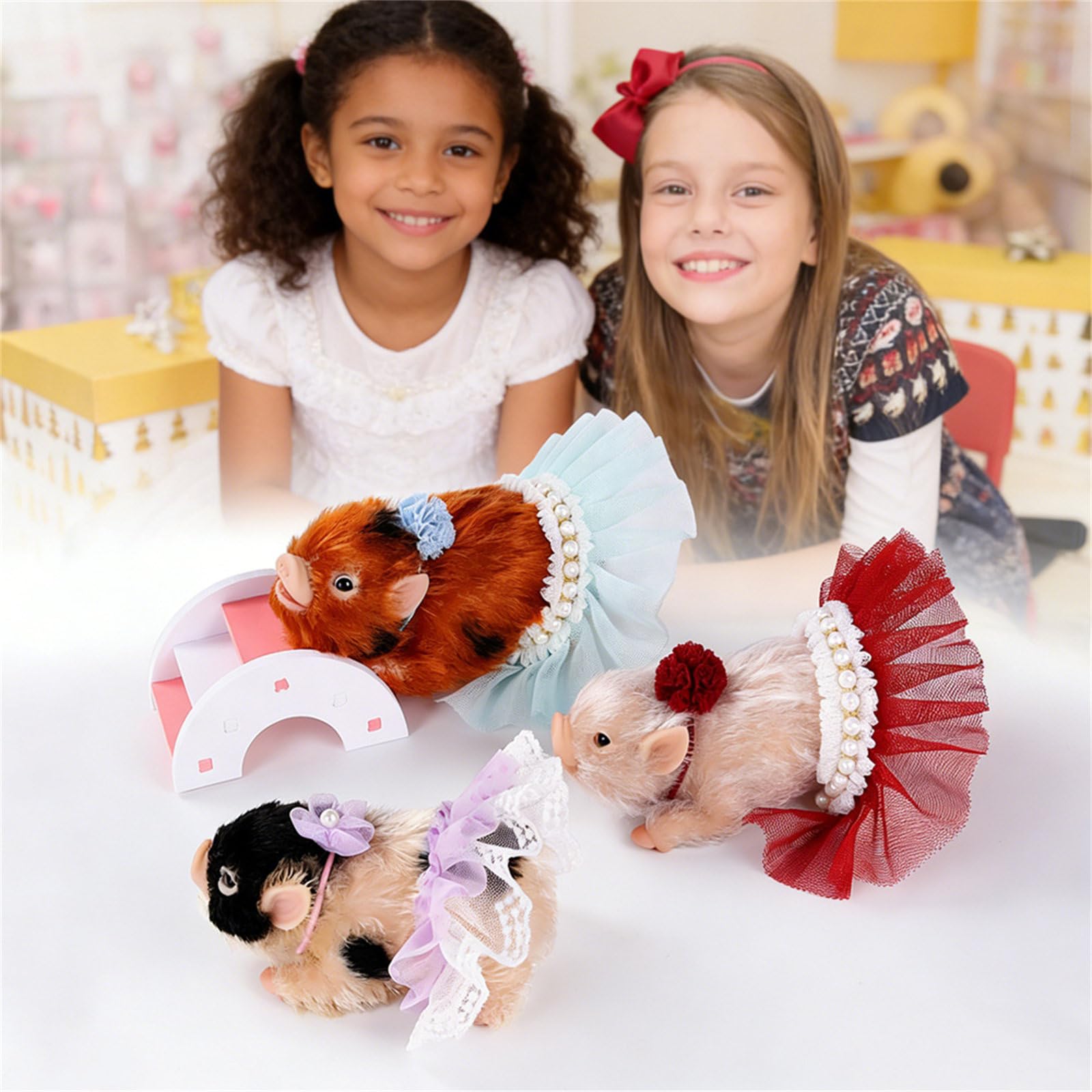 Interaktives Piggy Squeeze Tierfigur Reborns Spielzeug mit Spitzenkleid Rollenspiel für Vorschulkinder Geschichtenerzählaktivität Kleinkind Lernspielzeug