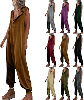 luoluoluo Women's Loose Overall Dungarees Hooded Jumpsuit Sleeveless Casual Playsuit Summer Long Pants Button Romper Vintage Playsuit Trousers All in One Gym Wear Yoga Jumpsuit Y2k Clothes Fashion