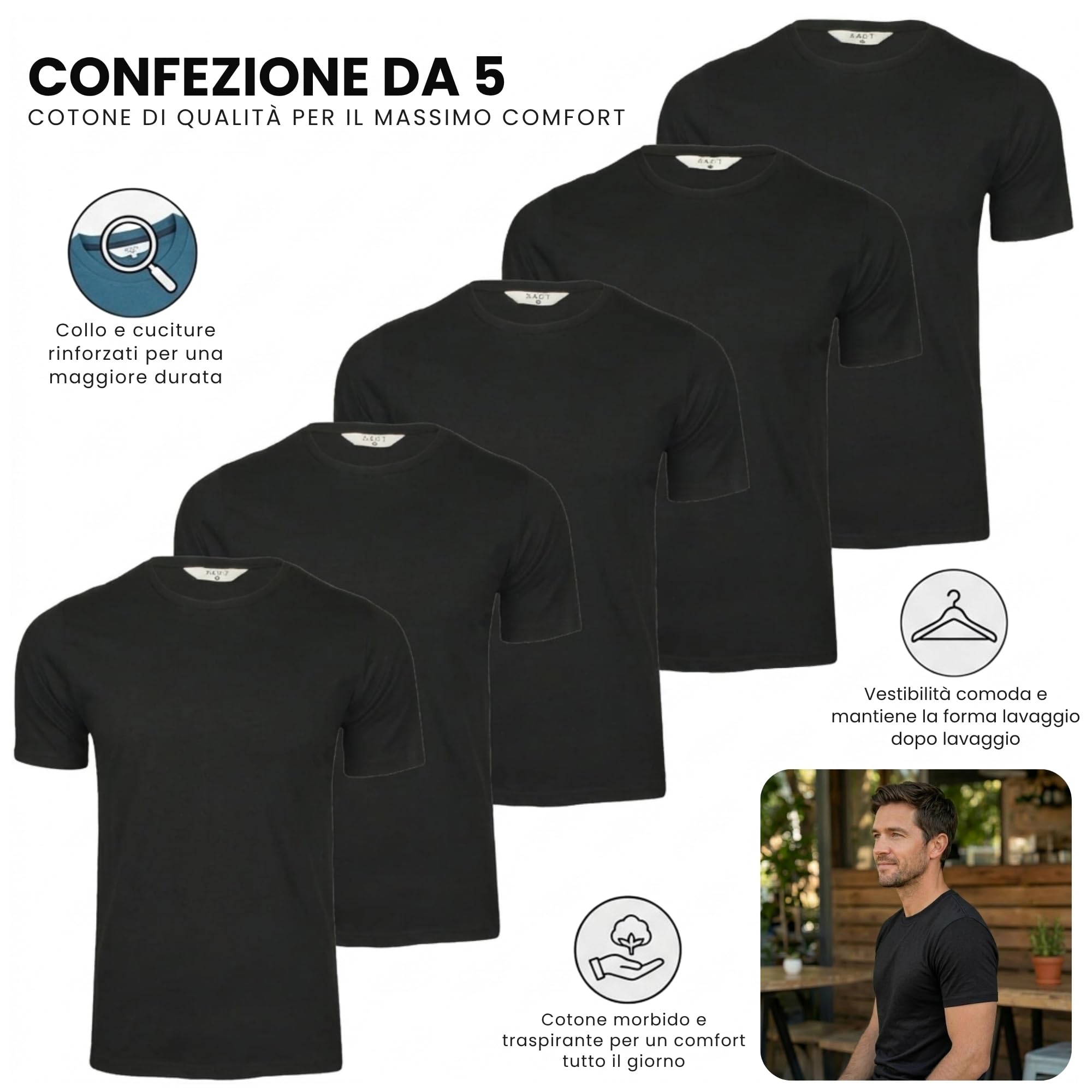 Xact T-Shirt da Uomo, (Pacco da 5), Tinte Unite, Girocollo, 100% Cotone