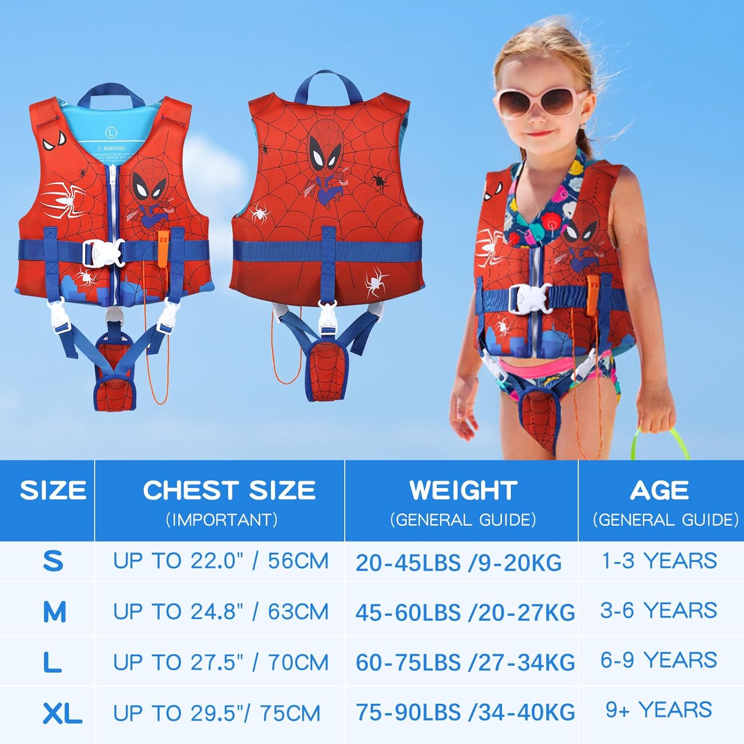Toddler Swim Vest Neoprene Adjustable Safety Strap 20-90lbs Kids Floaties Buoyancy Jacket for 1-9Y Boys and Girls,Child Swimming Vest on Pool/Boating/Beach/Learn to Swim Aid