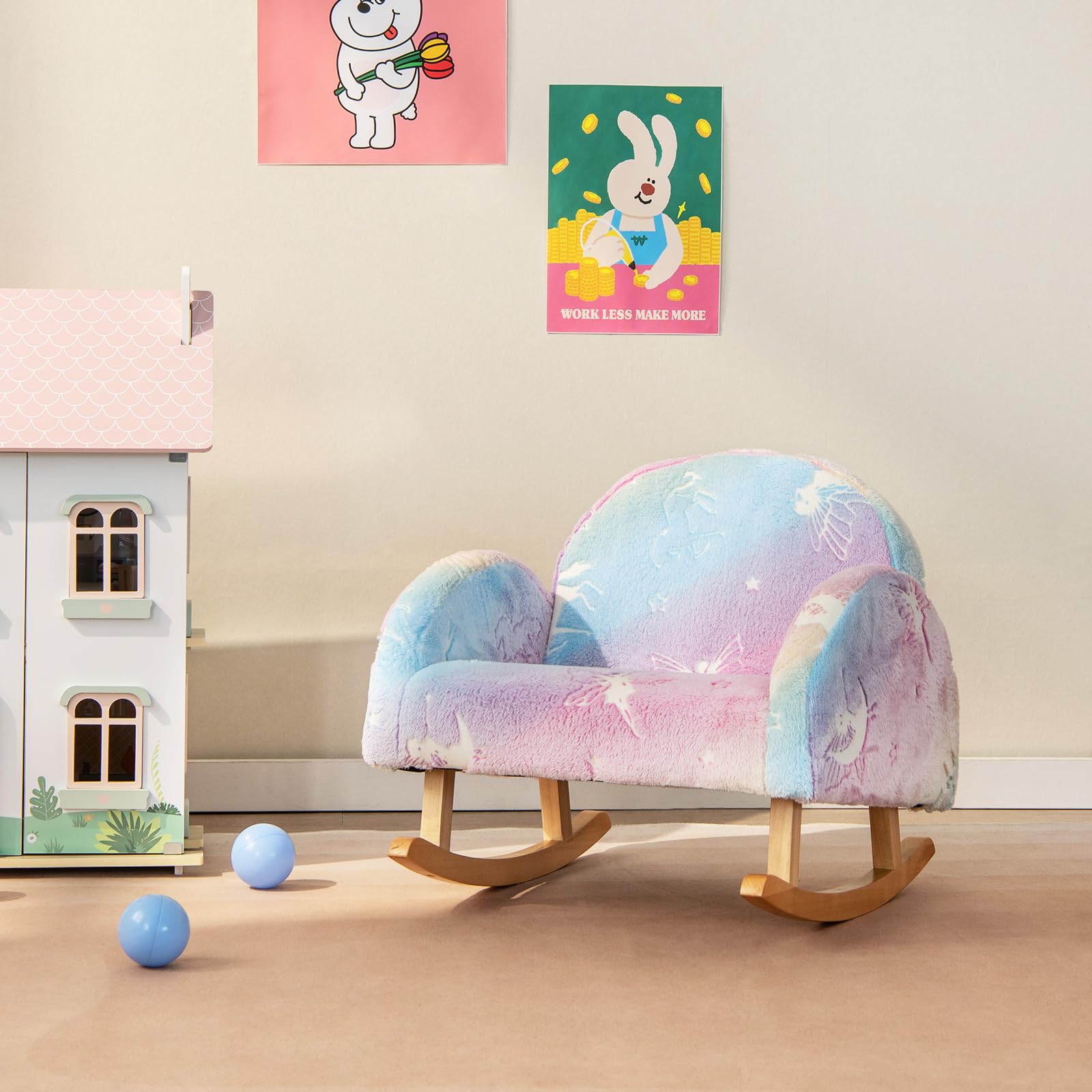 COSTWAY Sedia Dondolo per Bambini da 3 a 5 Anni, Poltrona in Flanella con Gambe in legno, Motivi che si Illuminano al Buio, per Cameretta e Soggiorno, 50 x 48 x 46 cm