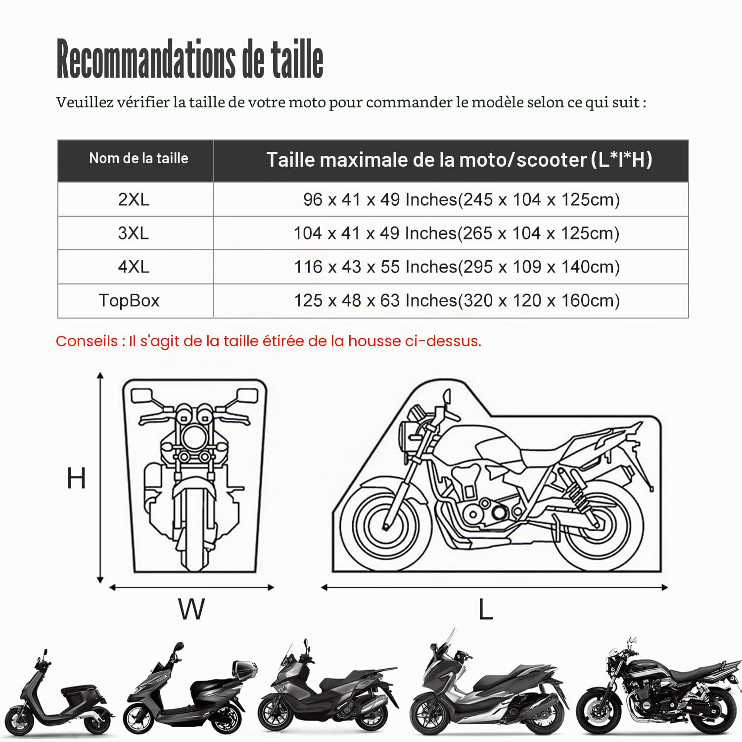 Housses de Moto d'intérieur, Élastique Respirant Tissu en Velours Doux Protection Contre la Poussière pour Scooter Garage Moto Exposition,Gris Rayé+Noir，Top Case 125 x 48 x 63 Pouces