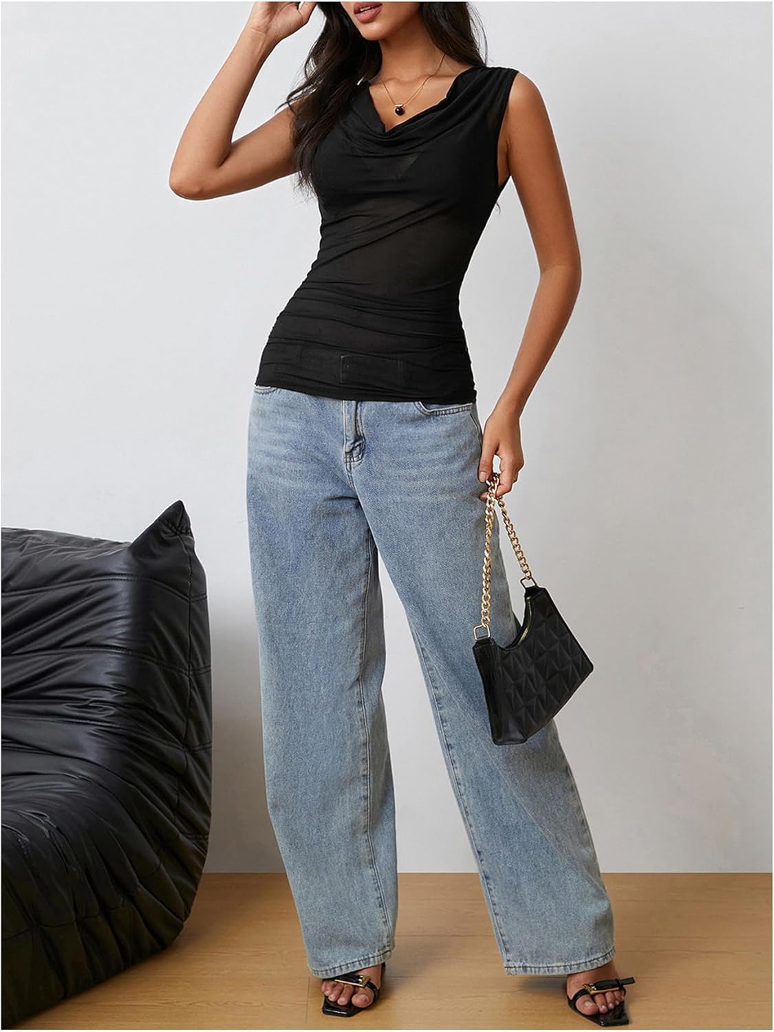 MakeMeChic Women's Y2k Cowl Neck Tank Top Sleeveless Draped Slim Fit Mesh Sheer Crop Tops Party Top - Image 5