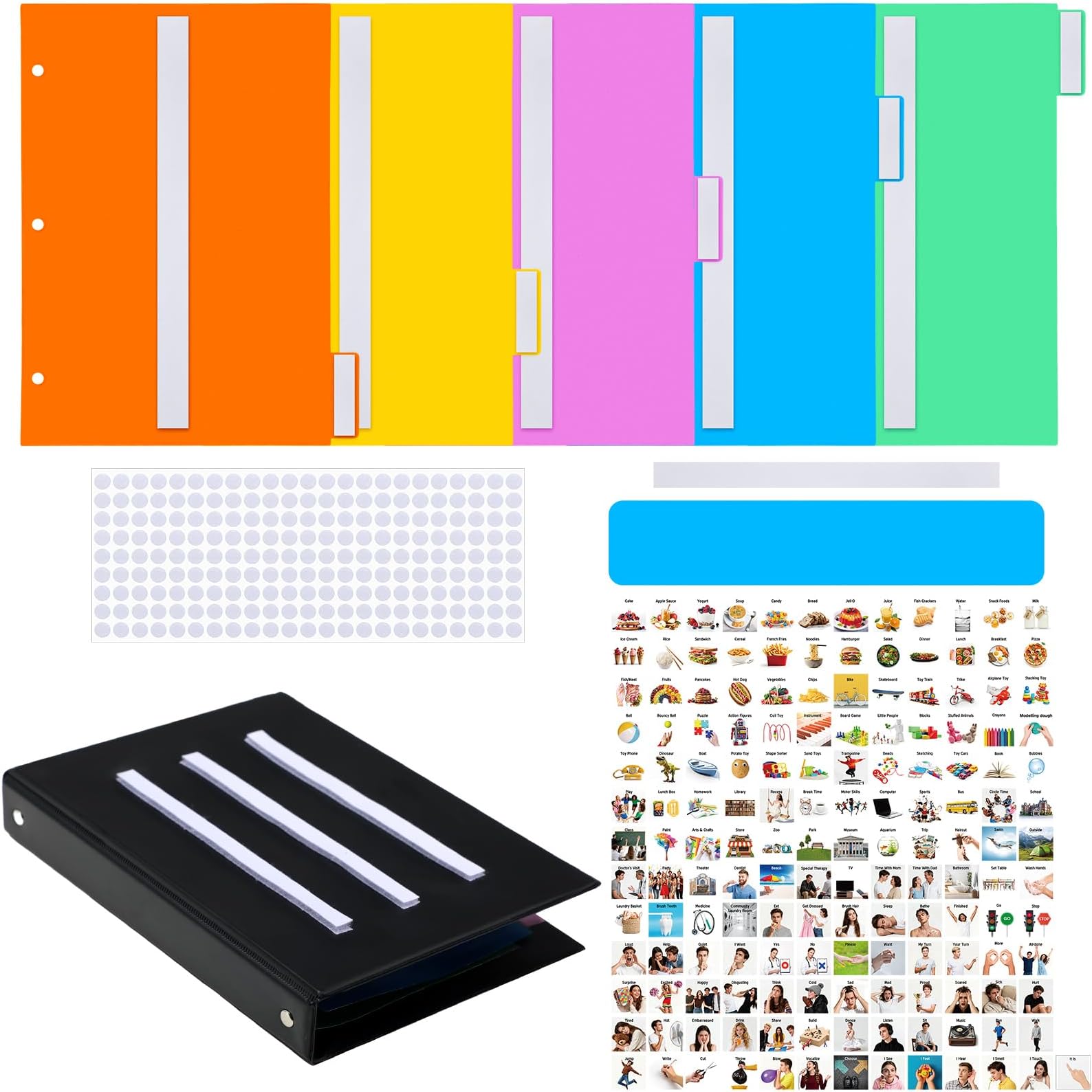 Communication Book Bulk 162 Laminate Icon Plastic Picture Cards with 5 Multicolor Dividers 1 Sentence Strip Sturdy for Autism Vocabulary Language Speech Articulation Learning Supplies