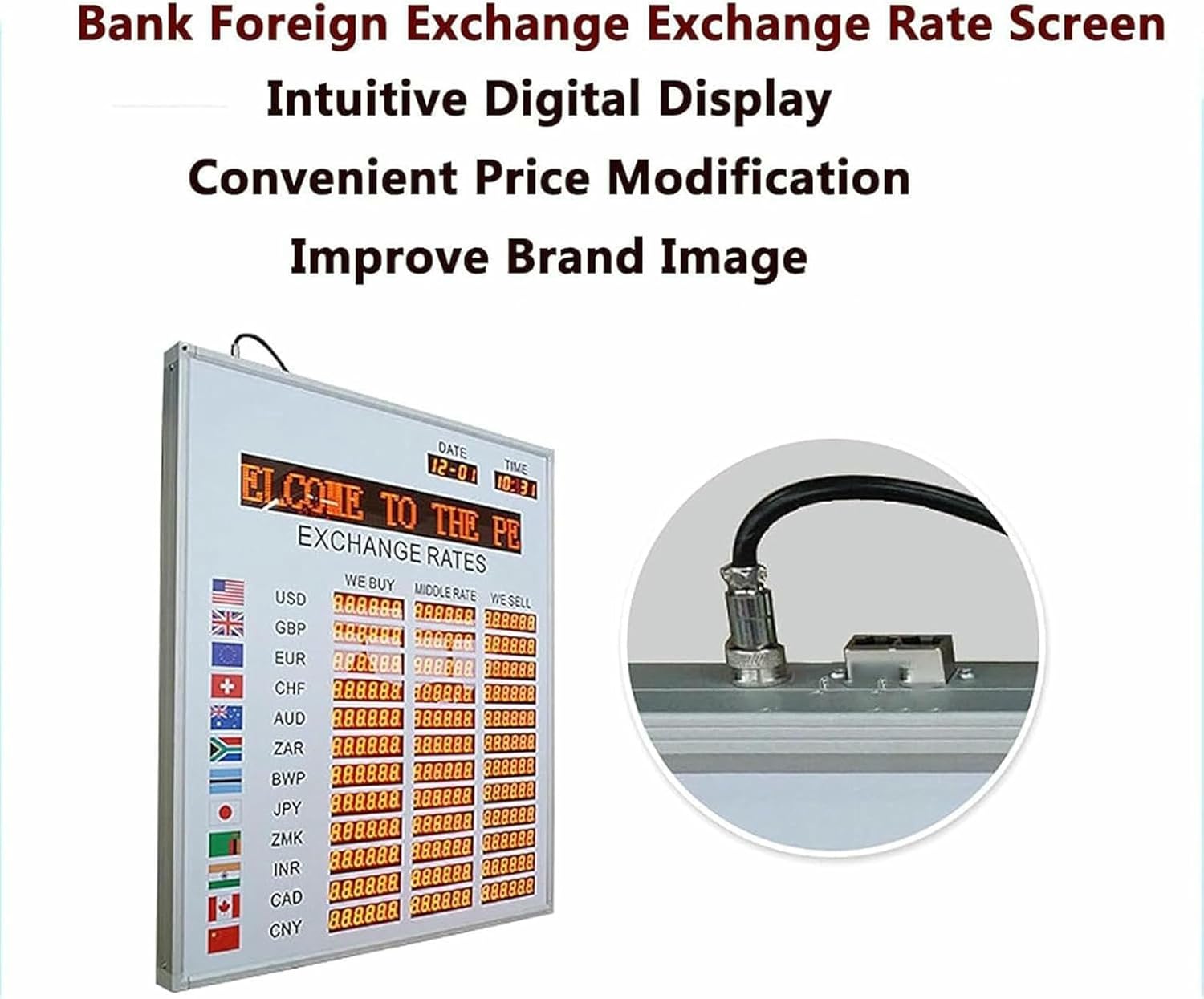 LED World Exchange Rate Screen Board, 12 Countries Exchange Rate Display, World Exchange Rate Clock, with Buy/Middle Rate/Sell, for Banks, Financial Company