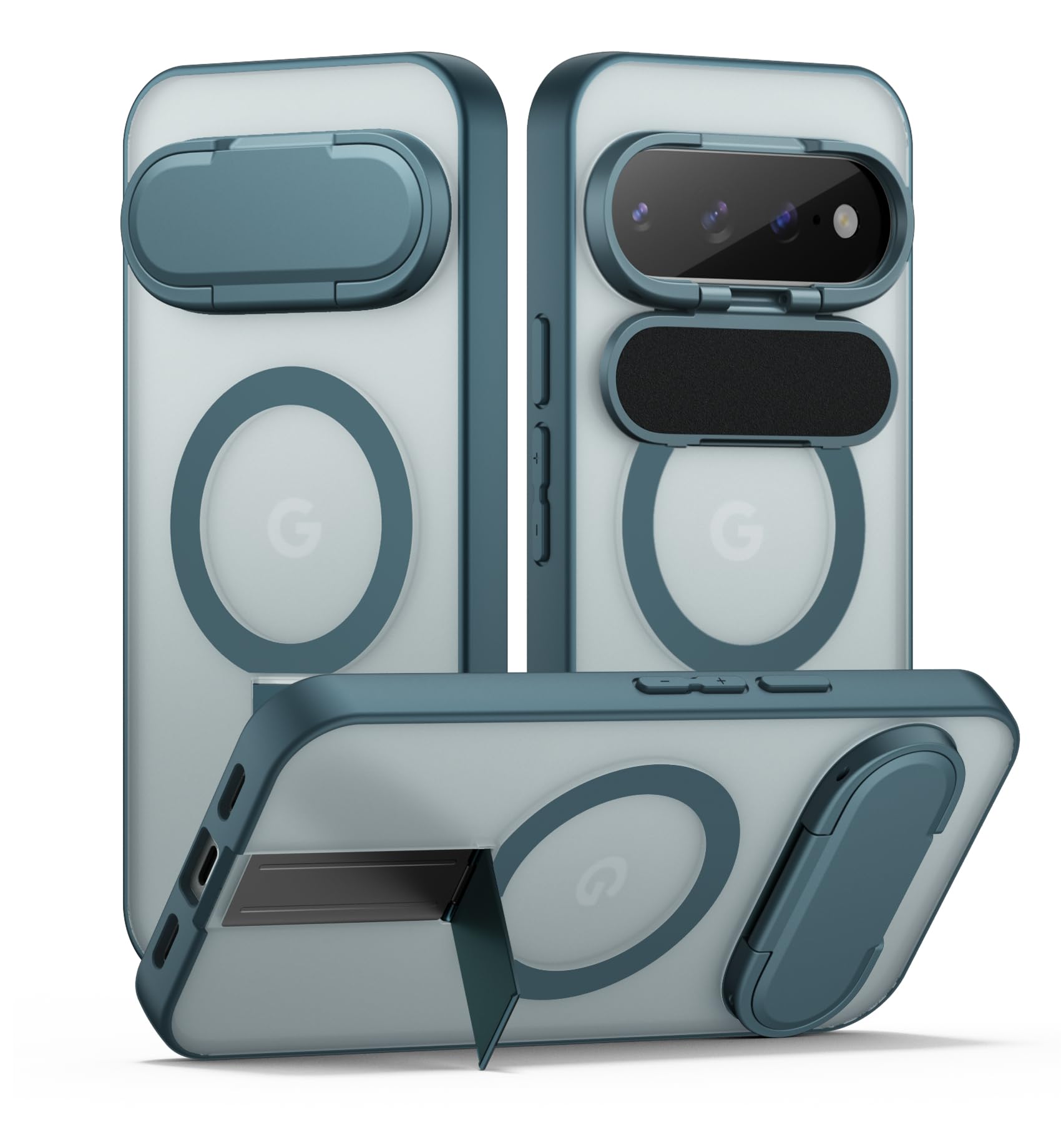 SURITCH Cover Magnetica Compatibile con Google Pixel 11 Pro XL Custodia,Traslucida Posteriore Supporto Integrato e Protezione per la Fotocamera TPU Antiurto Protettiva Case(Verde Lago Profondo)