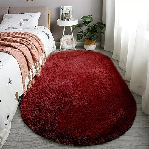 Reyox Alfombra ovalada suave y esponjosa de felpa para sala de estar, dormitorio, decoración del hogar, color rojo vino, 2.0 x 3.0 pies