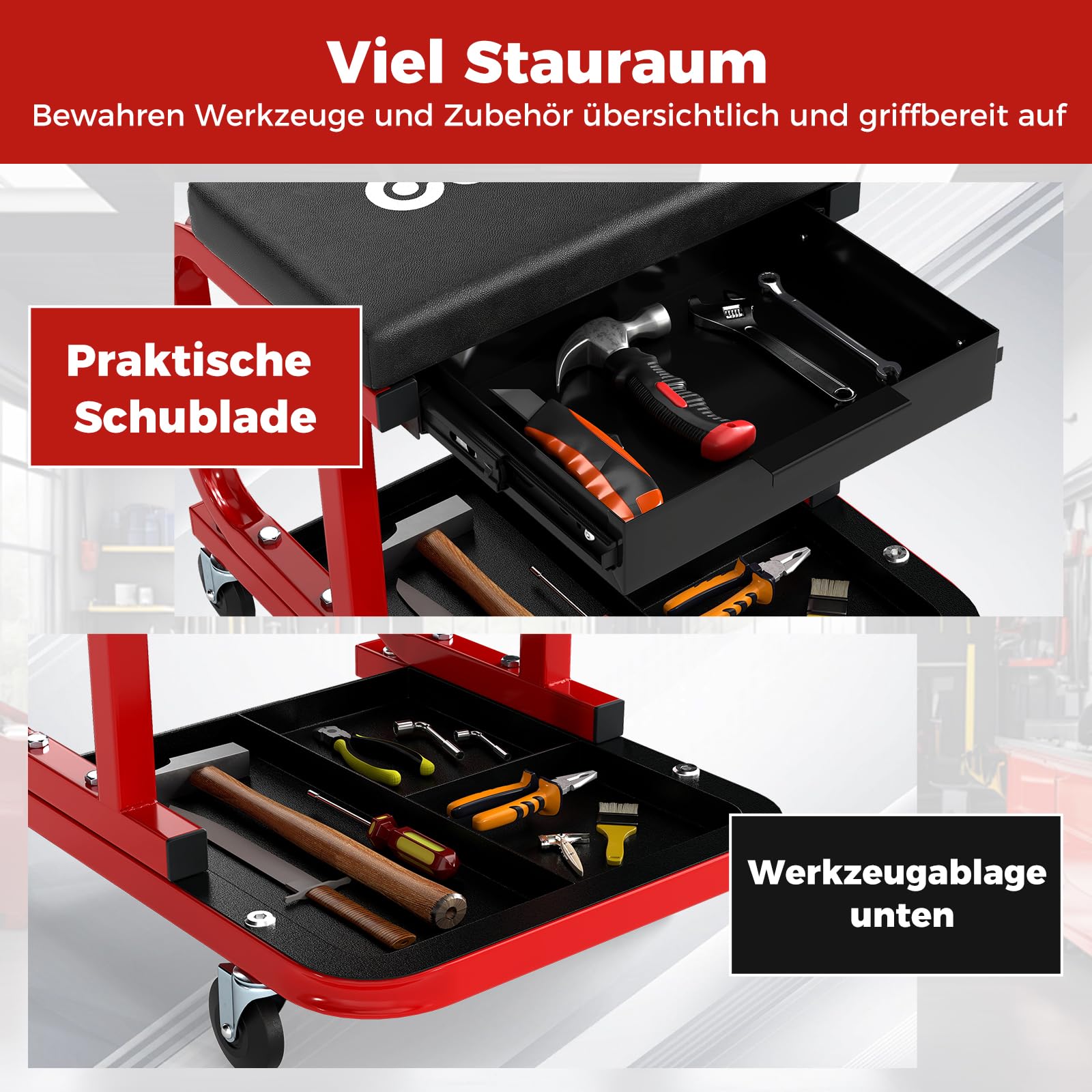 COSTWAY Werkstatthocker mit Rollen, Rollhocker bis 185 kg belastbar, Werkstatt Rollsitz mit Schublade & Ablage, Werkstattstuhl Montagehocker für Werkstatt & Garage (Schwarz)