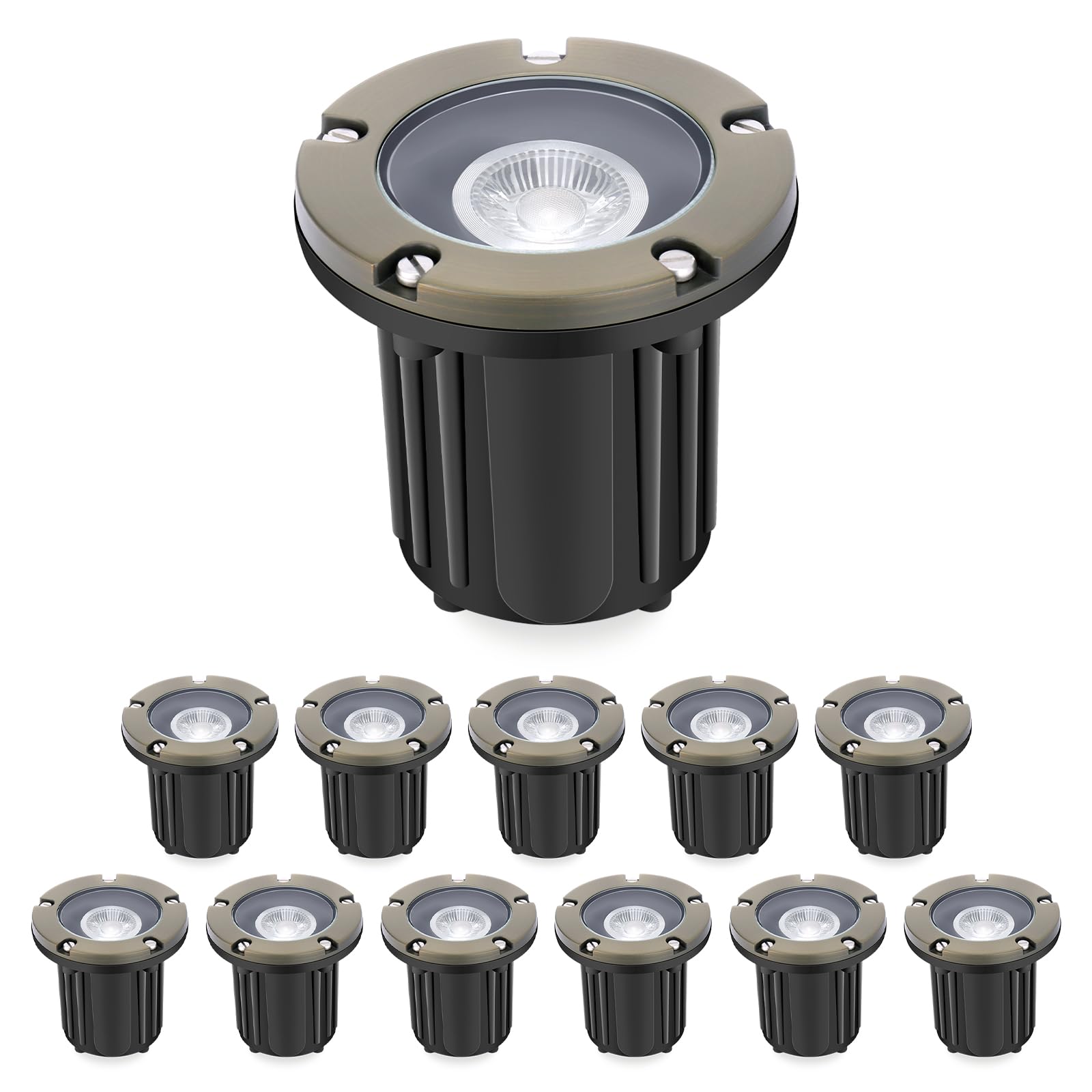 Gardencoin Brass Low Voltage Landscape Well Lights (5" Cover, 5.5" Tall), 12V LED Wired In-Ground Outdoor Up Lighting Fixture Waterproof, Adjustable