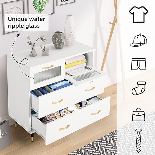 Miniatura 3 de YIGOBUY Cómoda blanca cómoda moderna para dormitorio cómoda doble de 4 cajones con cajón ancho y asas de metal cómodas de madera y cajones para
