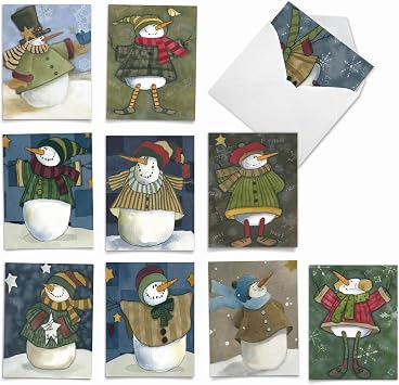 The Best Card Company - 10 Snowman Christmas Cards Boxed - Cute Snowmen Greetings, Holiday Card Assortment 4 x 5.12 Inch - Frosty Friends M9619XSG