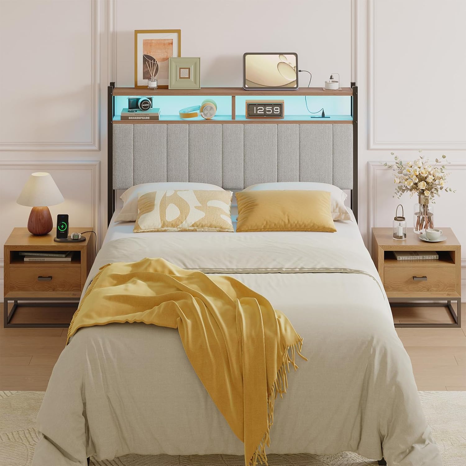 Pinmoco Headboard in a bedroom setting with LED light on