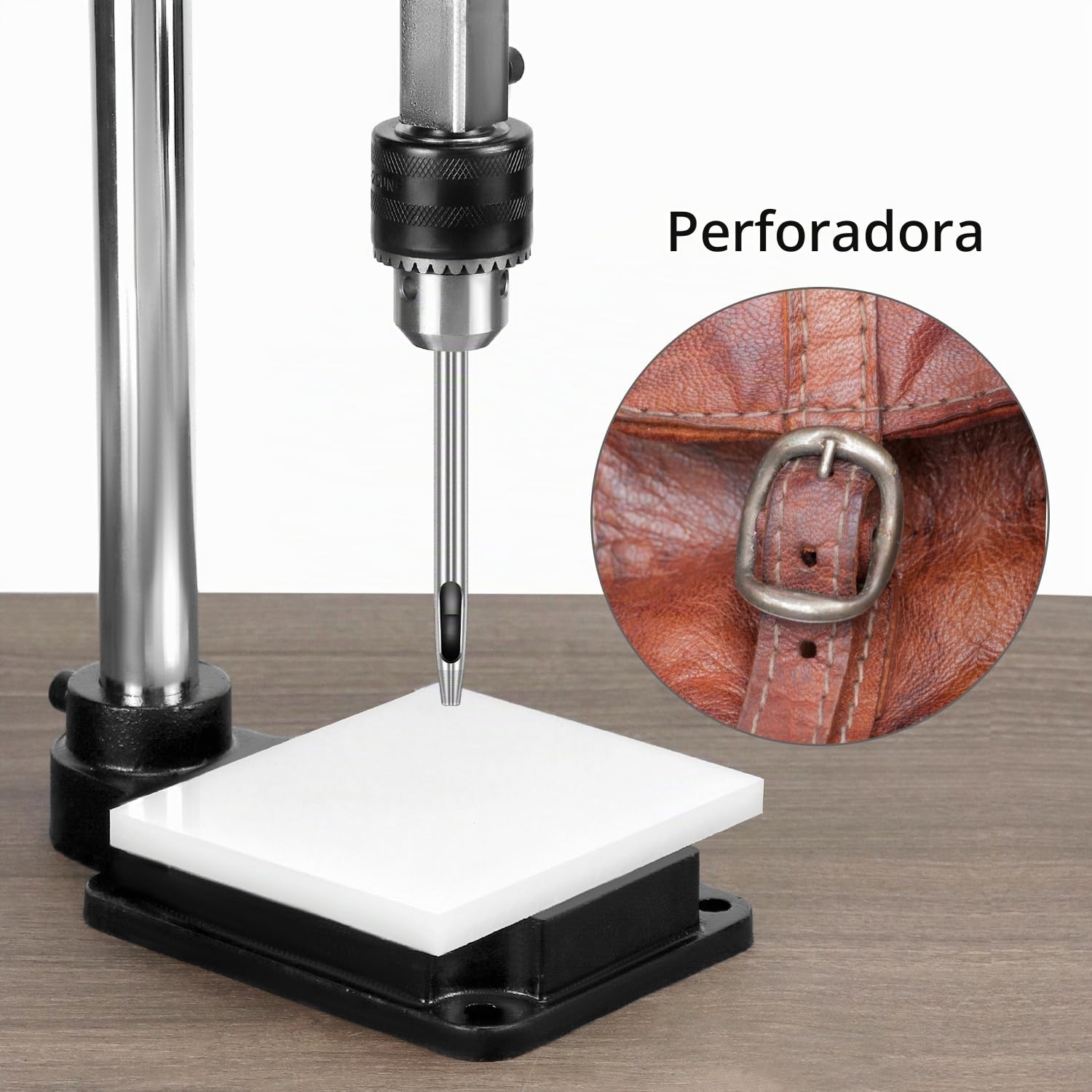 QWORK® Máquina punzonadora y repujadora de cuero con portabrocas de 12,7 mm y placa protectora de nailon, compatible con perforadora, cincel de costura y sello de estampado