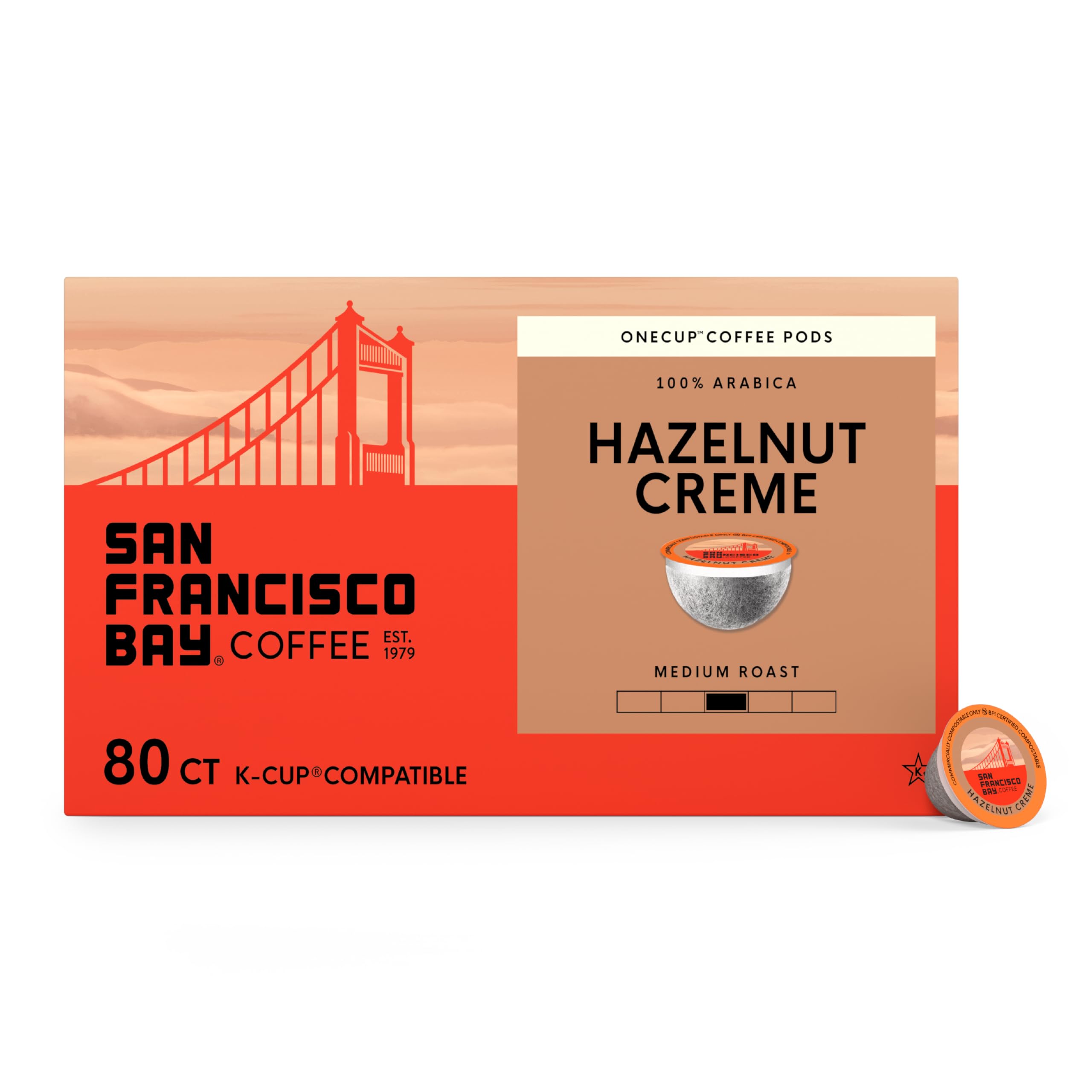 San Francisco Bay K-Cup Coffee Pods, Hazelnut Crème (80 ct), Medium Roast, Commercially Compostable Single-Serve Flavored Coffee Pods