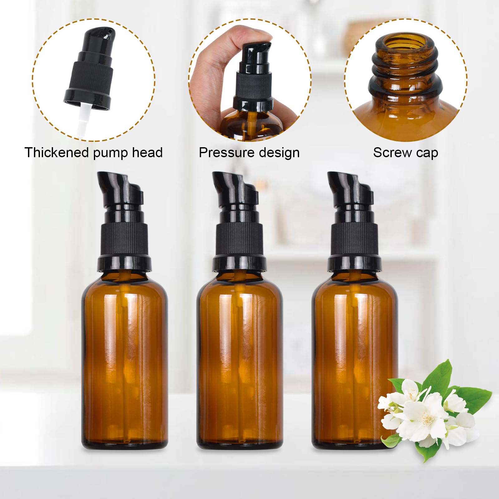Botellas de Vidrio Marrón 50ml, Botellas de Loción de Vidrio Ámbar Rellenables con Etiqueta, Dispensador para Aceite Esencial