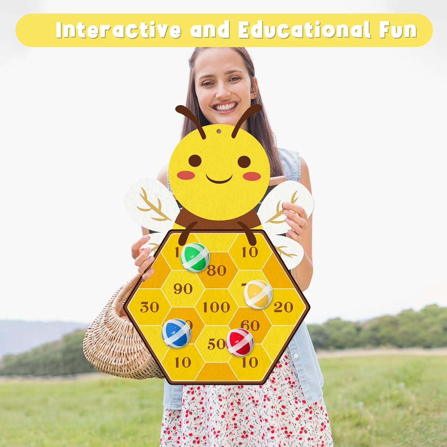 Yquqwn Bee Dart Game for Kids, Cute Bee Toss Game Includes 12 Sticky Balls and Hanging Hook for Birthday Party Games Family Gatherings Indoor Outdoor Activities Gifts