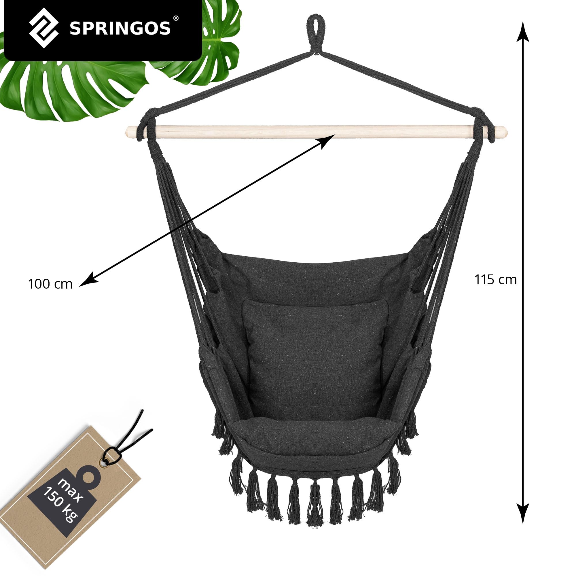 Springos® Fauteuil Suspendu Brésilien avec Coussins, Charge Max 150 kg, Fauteuil balançoire Boho en Coton/Polyester avec Cadre en Bois, Gris foncé, Poche latérale, Parfait pour Jardin