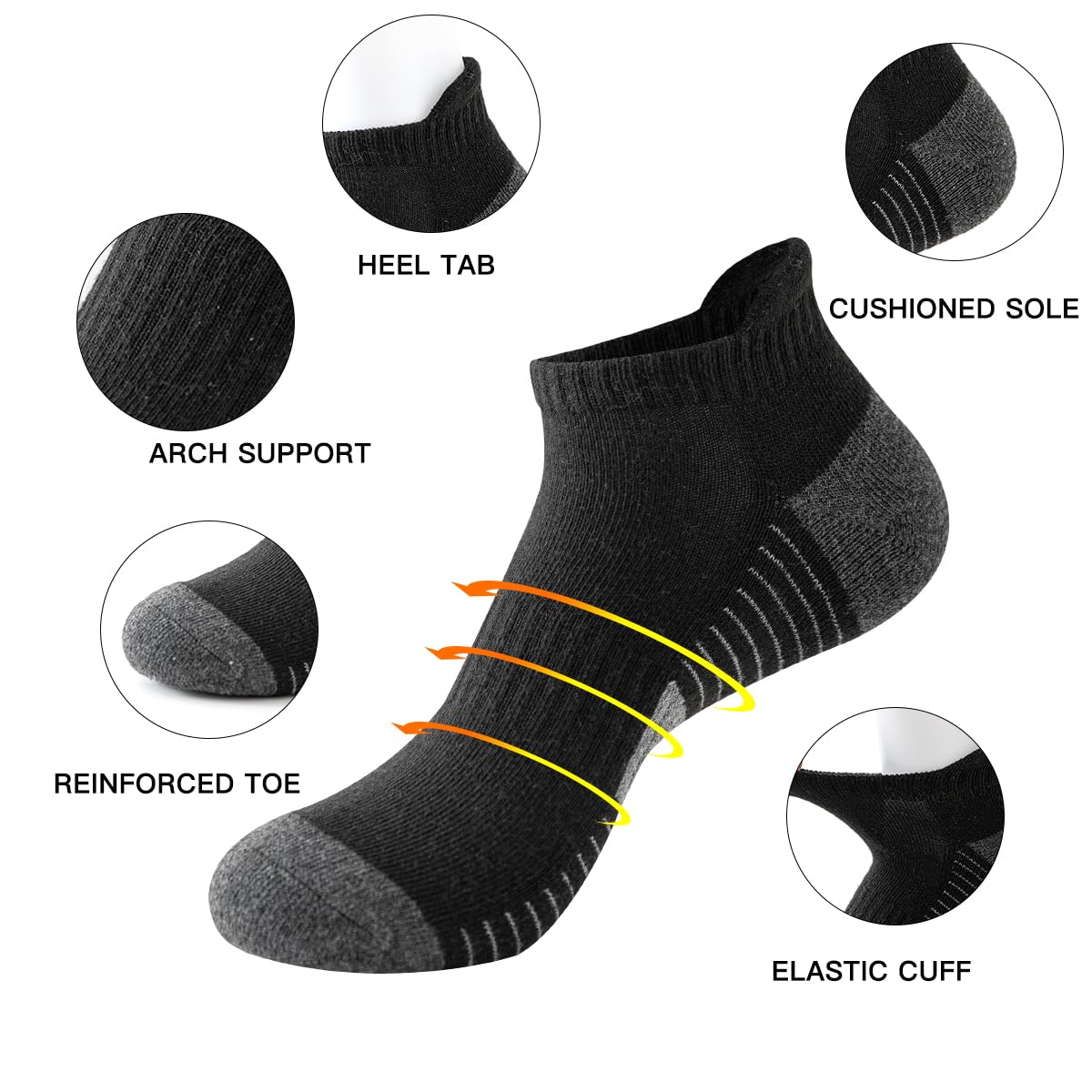JOYNÉE 10 pares de calcetines deportivos para hombre, acolchados, transpirables, de corte bajo, para hombre, talla de calcetín 10-13