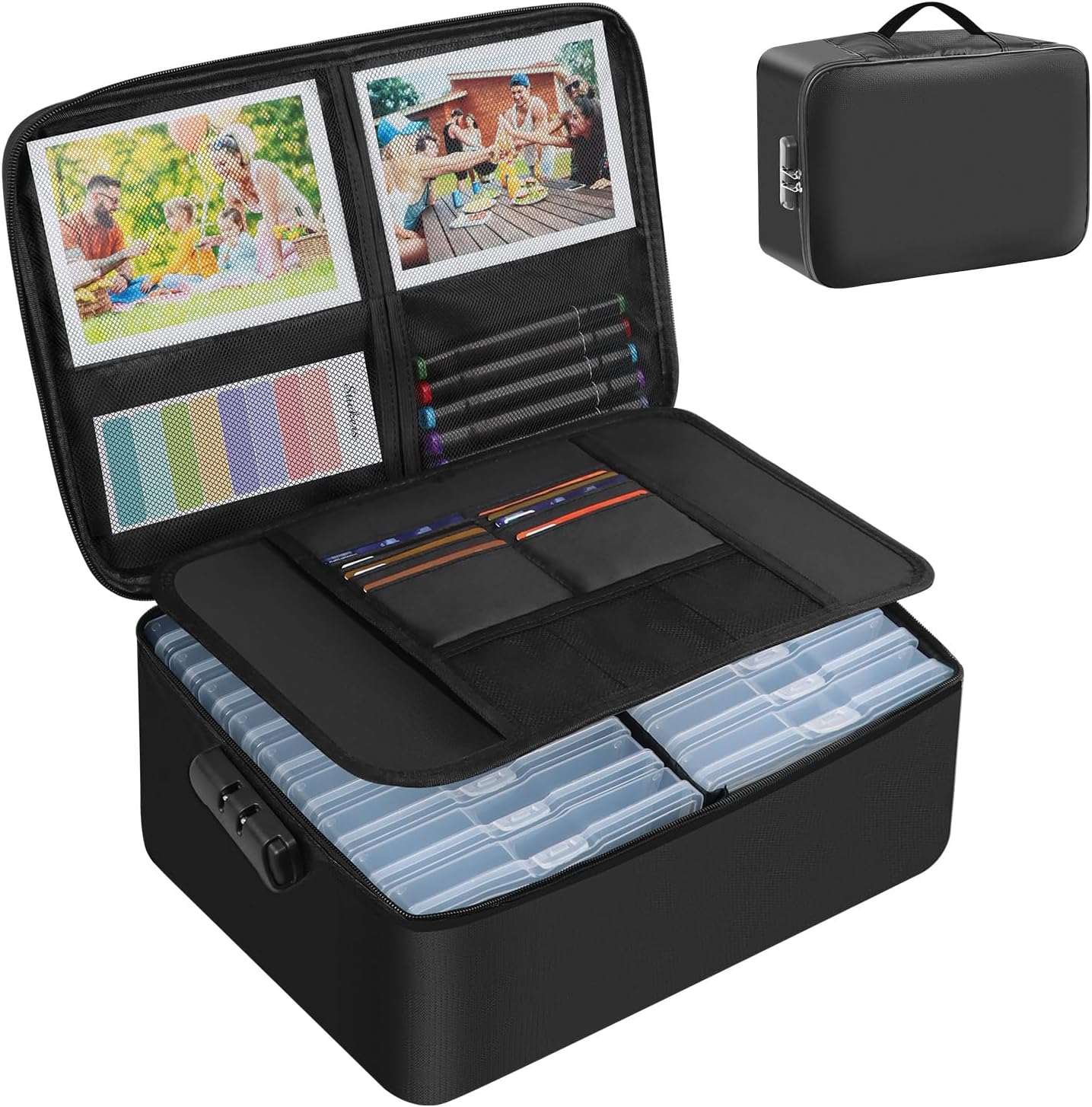 Fireproof Photo Storage Box with 18 Inner 5x7 Photo Cases, Lockable Collapsible Box with Handle, Photo Boxes Storage for Picture, Portable Photo Organizers and Storage for Scrapbook & Documents