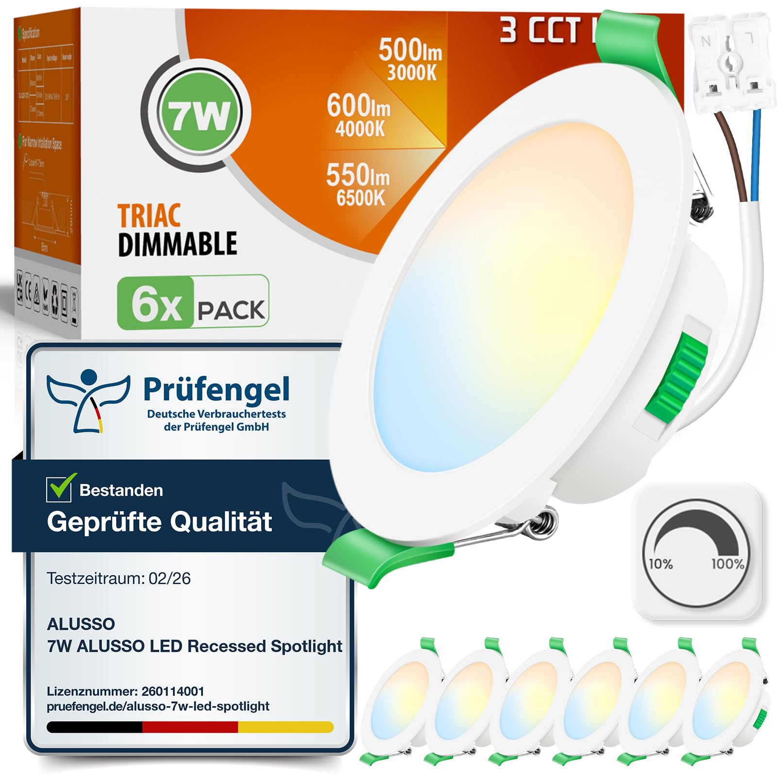 ALUSSO LED Einbaustrahler 230V Dimmbar 68mm 7W Ultra Flach IP44 LED Spots Warmweiß Neutralweiß Kaltweiß Deckenspots für Badezimmer Küche Wohnzimmer, Weiss, 6er Set