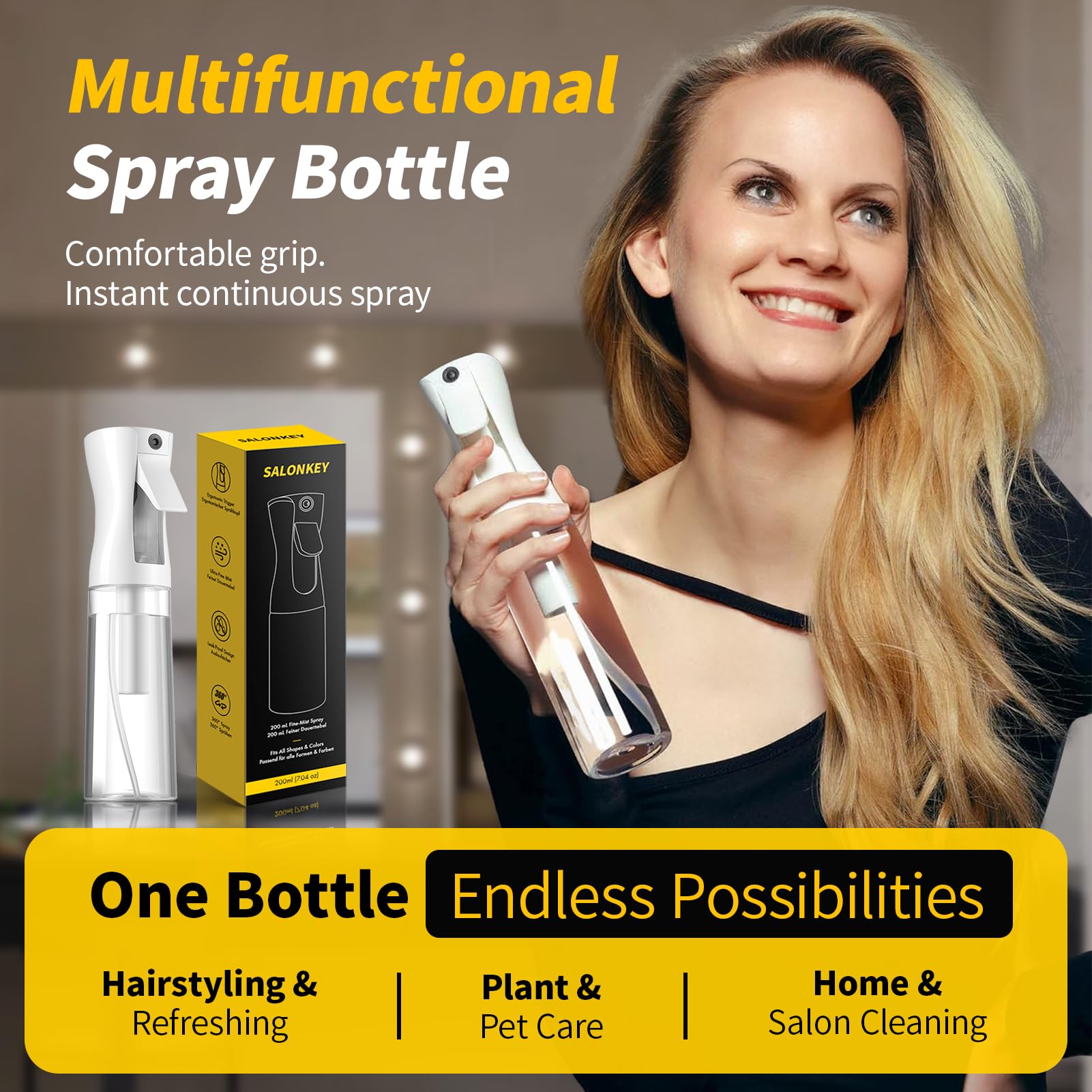 SALONKEY Waterspuitfles, 200 ml, lekvrij, met fijne nevel, 1 navulbare fles voor haar, planten, huishouden en reizen (zwart