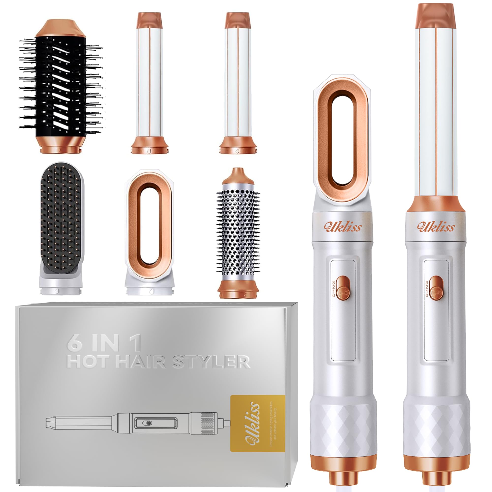 UKLISS Hair Styler 6 in 1, Phon Spazzola Asciugacapelli con Piastra Capelli, Arricciacapelli Automatico, Hair Dryer, Thermal Brush, Spazzola Aria Calda per Donne Ricci, Lisci, Voluminosi - Bianco