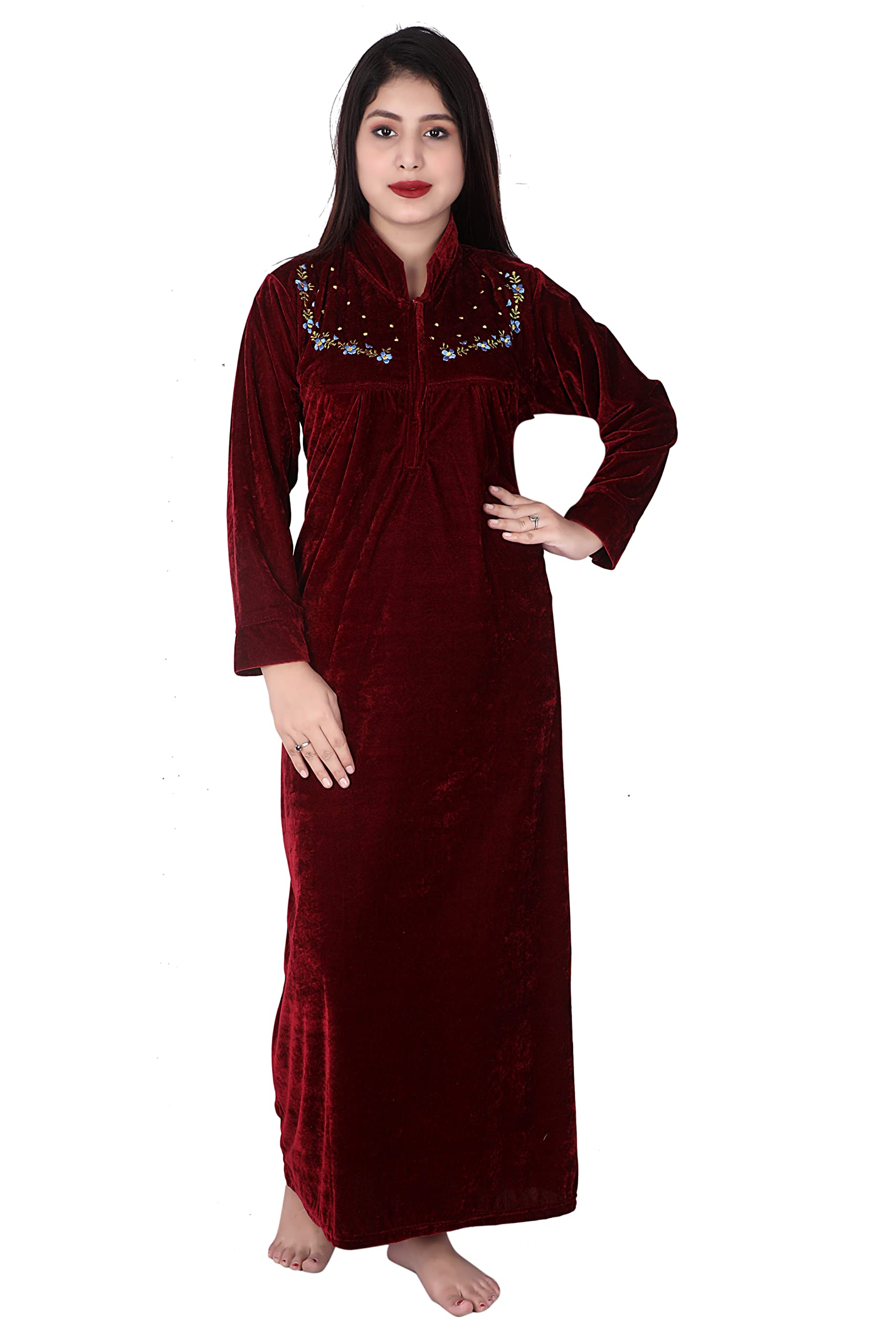 Glossia Fashion Solid Embroidered Shaneel Velvet Warm Fabric Women Maxi Woolen Nighty/Night Gown(WNTY-D4-$)