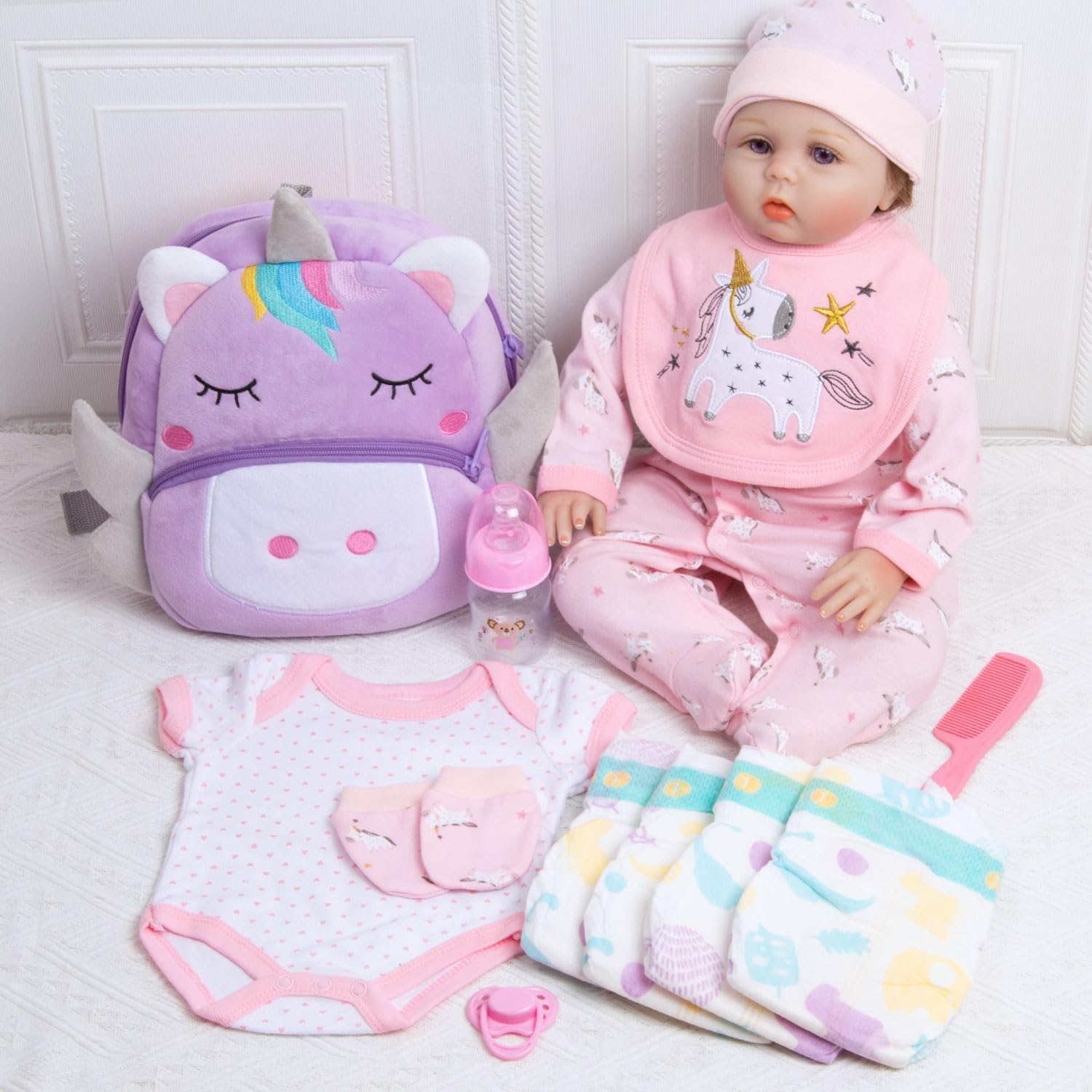 Pedolltree 13 Pcs Reborn Baby Doll Clothes Girl for 17-22 Inch Reborn Dolls | Accessories Realistic Baby Doll Unicorn Clothes with Backpack,4 Pcs Baby Doll Diapers,Bottle,Pretend Play Set