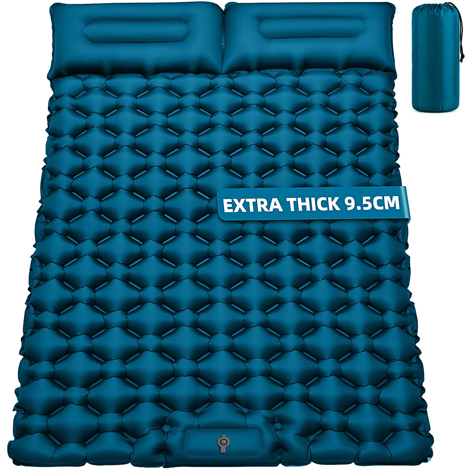 Matelas de Camping Autogonflant 2 Personnes 9.5cm 204x130cm avec Oreiller et Pompe à Pied Intégrée