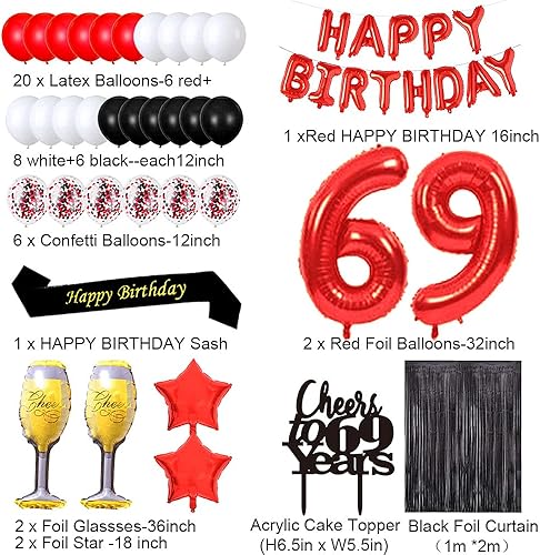 Miniatura 2 de santonila Decoraciones rojas de cumpleaños número 69, pancarta de feliz cumpleaños, banda de felicitación a los 69 años, decoración de pastel número
