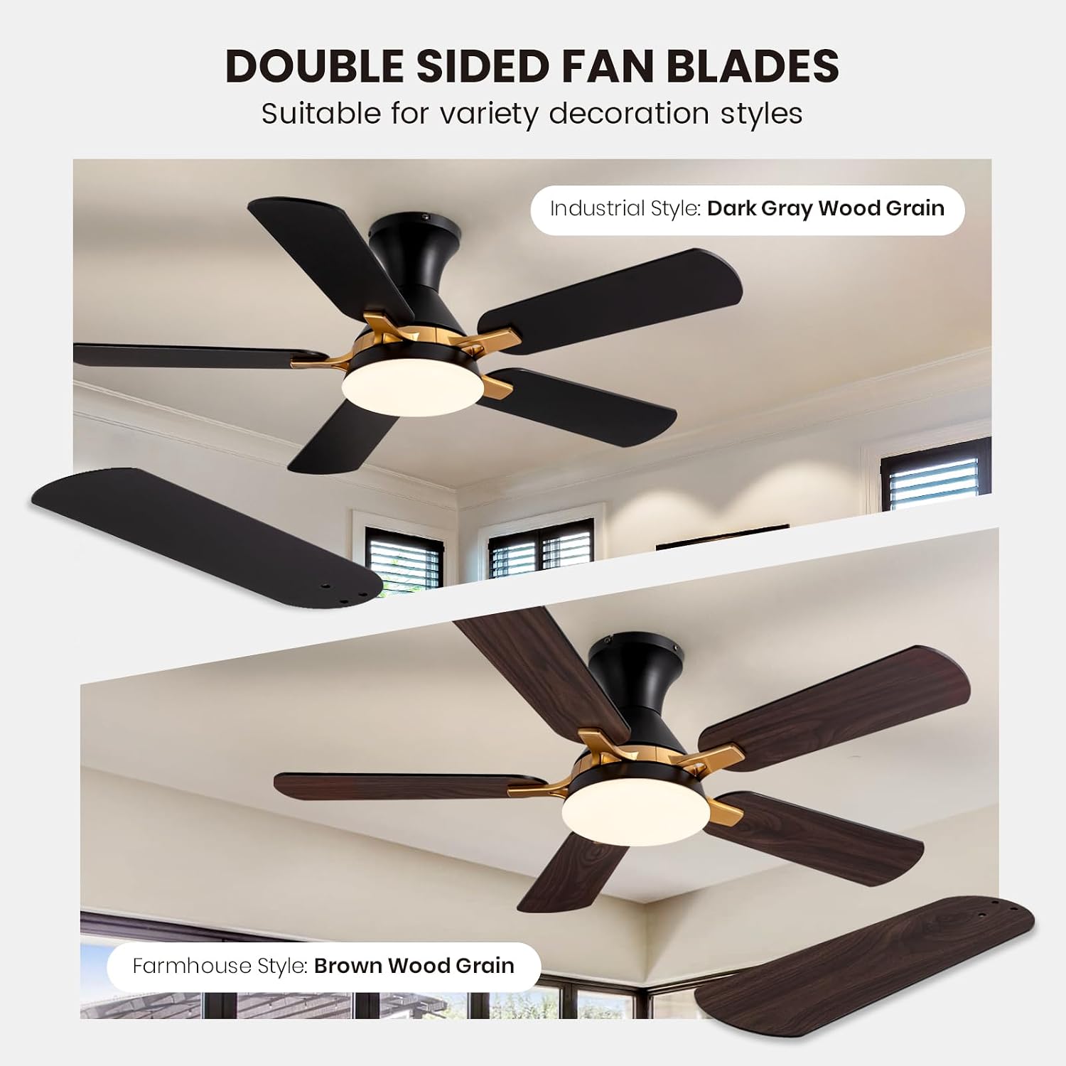 42" Ceiling Fans with Lights and Remote Control/APP LED Dimmable Low Profile Ceiling Fan Gold and Black Flush Mount Ceiling Fan Light for Bedroom Living Dining Room Patio