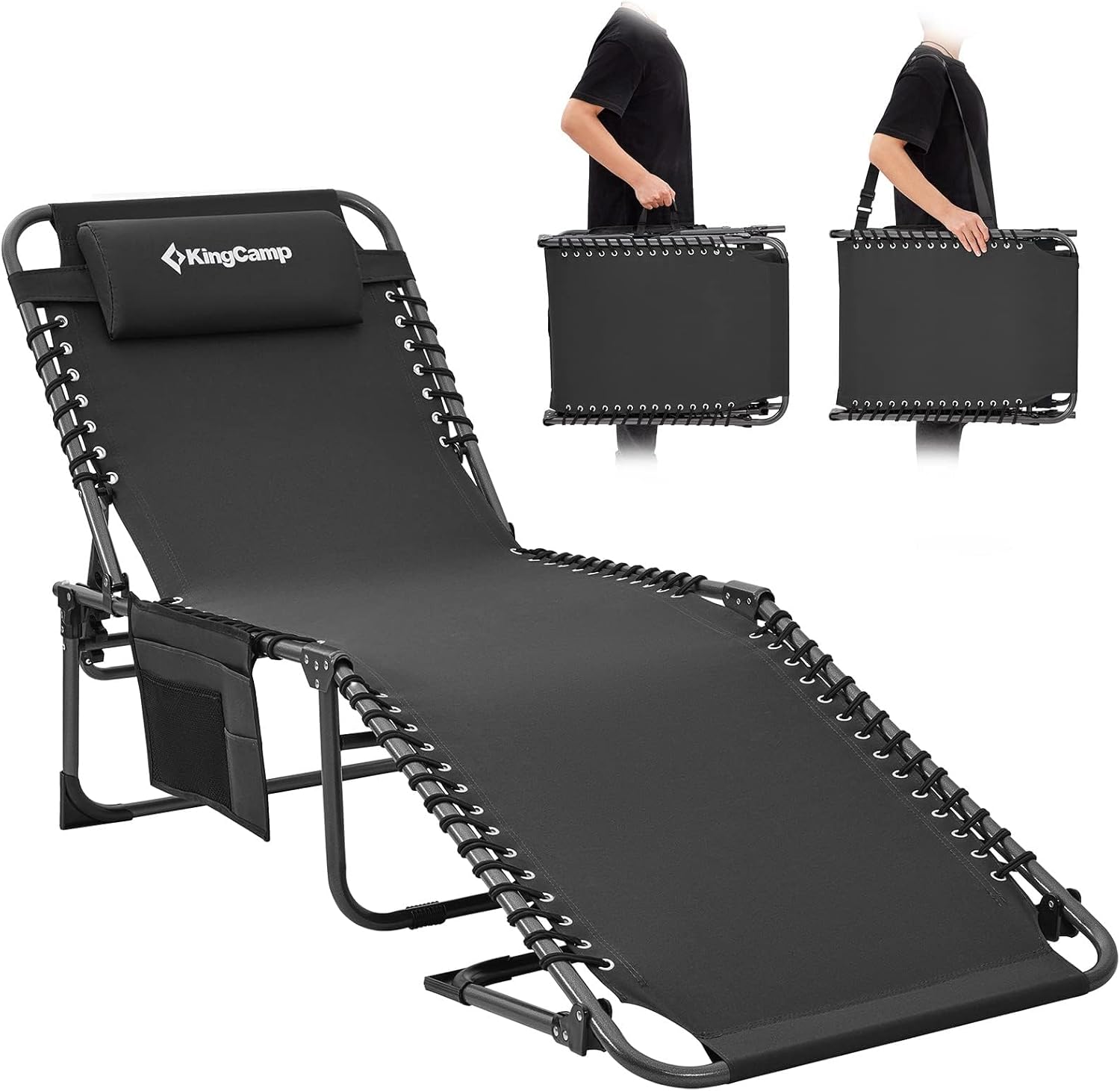 KingCamp Lounge Chair Outdoor, Folding Portable Tanning Chairs Comfy Adjustable 5-Position Lay Flat Foldable Chaise Chaser Lounger with Pillow for Outside Beach Patio Sun Bathing Pool Backyard, Black
