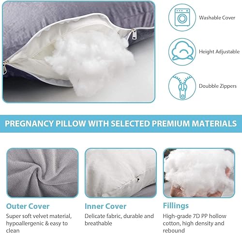 Miniatura 5 de Jcickt Almohada de embarazo en forma de U, almohada de cuerpo completo con funda de terciopelo, almohada de maternidad para mujeres embarazadas,