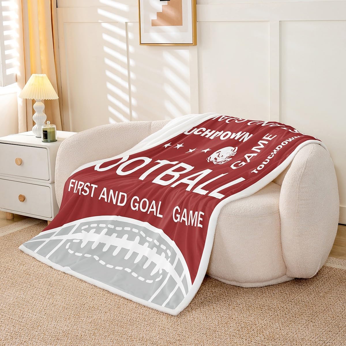Feelyou American Football Fleece Throw Blanket Football Print Sherpa Blanket for Kids Boys Girls Soccer Sport Game Plush Blanket Red Grey Fuzzy Blanket for Sofa Bed Couch,Queen 90x90 Inches
