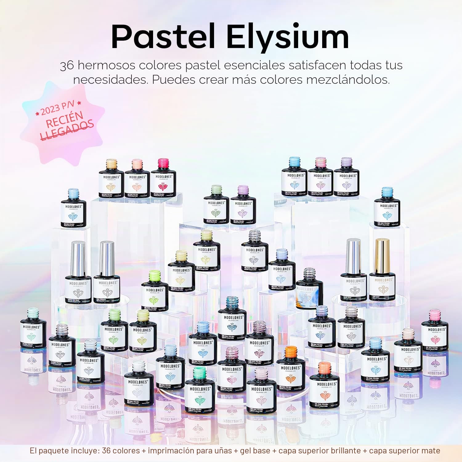 Modelones 40Pcs Esmalte de uñas de gel, 36Pcs Pastello Dreamy Collection Macaron Glitter esmalte de uñas de gel pastel Soak Off de verano, 4Pcs Nail Primer Base Matte Glossy Top Coat